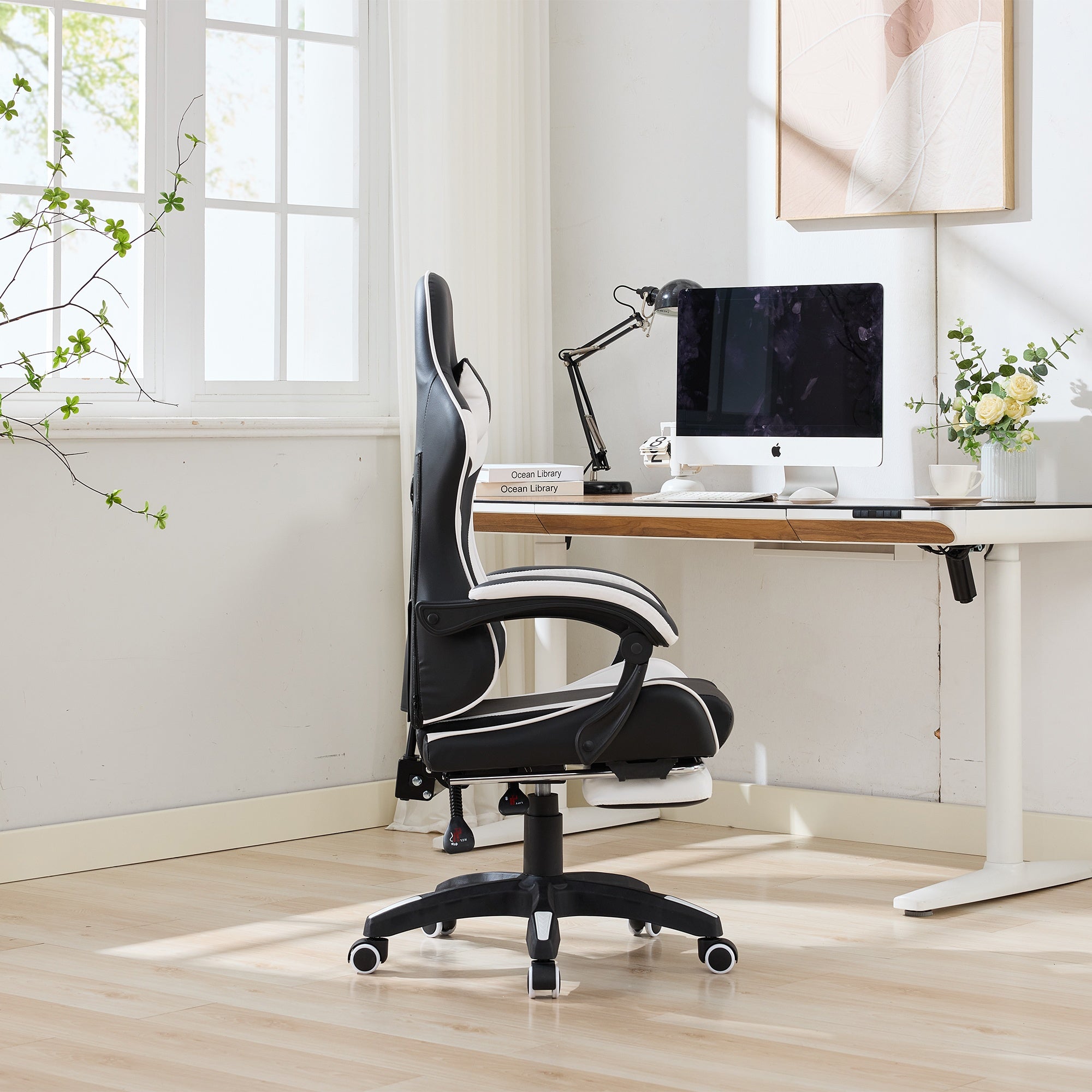 Gaming Chair 360° Swivel Ergonomic Racing High-Back Adjustable Footrest Headrest Lumbar Support - Black & White Leather