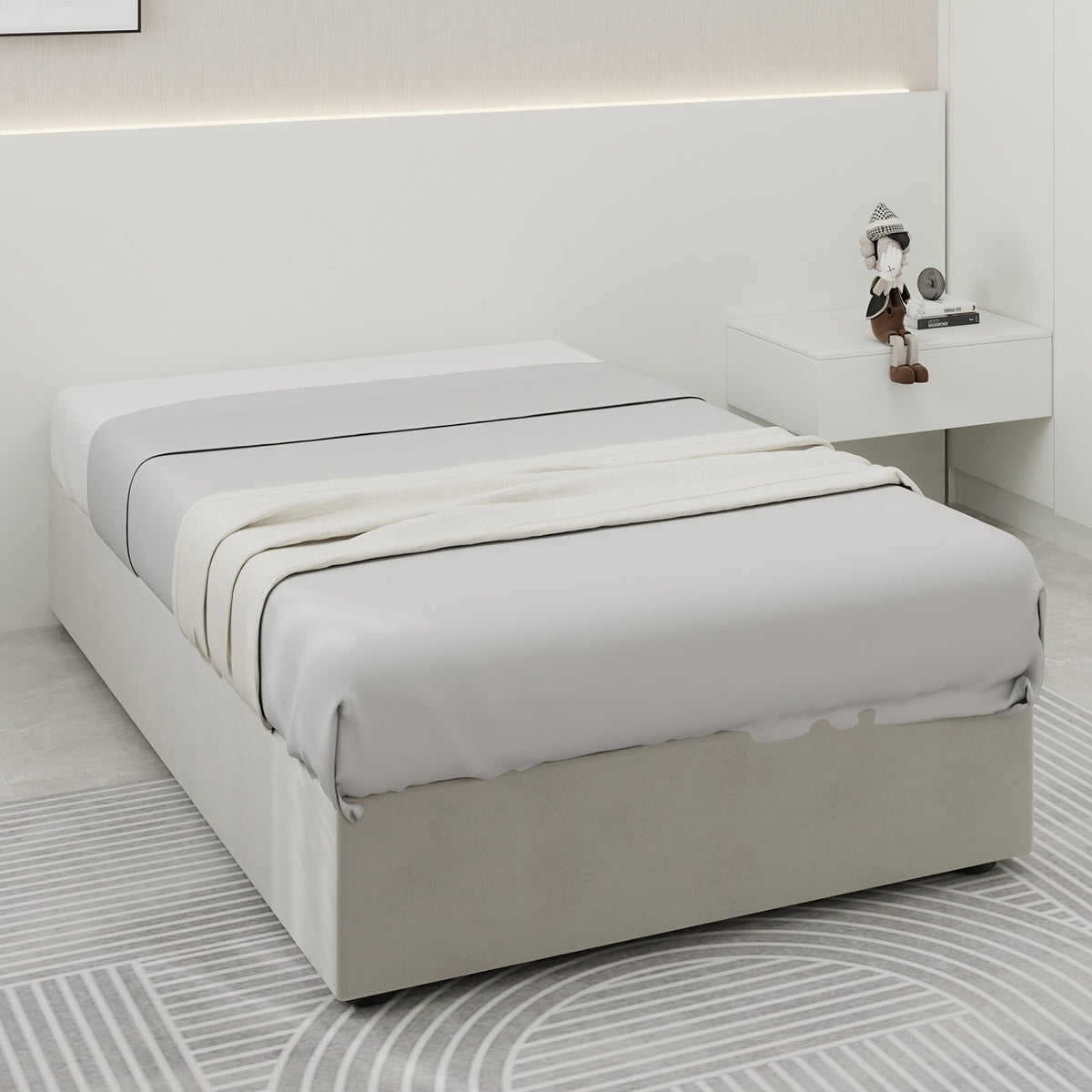 Modern Minimalist Bed Frame, Gas Lift Piston, 90x200cm, Beige Dutch Velvet