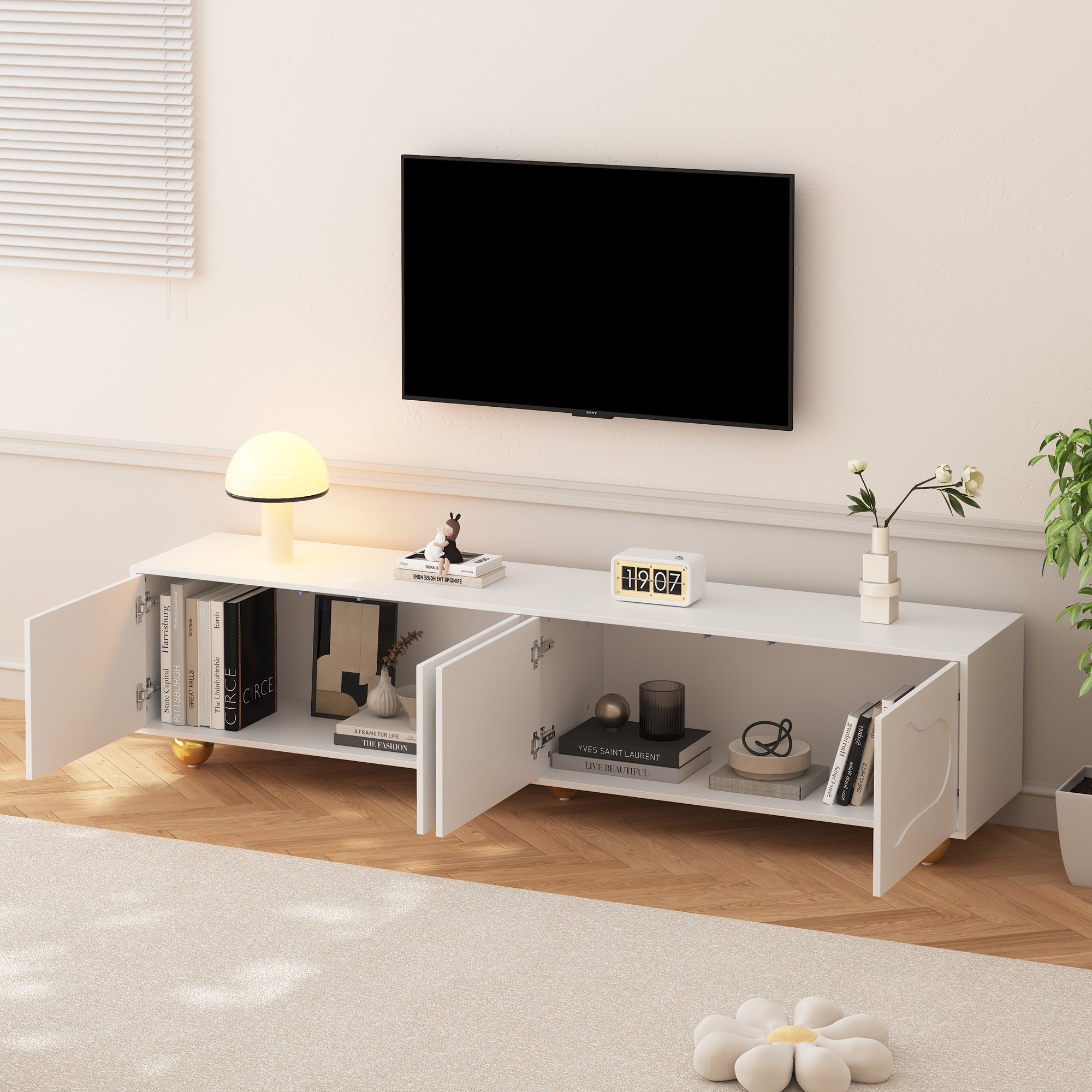 TV Cabinet, Cloud-Shaped Lowboard with 2 Cabinets, 75-inch
