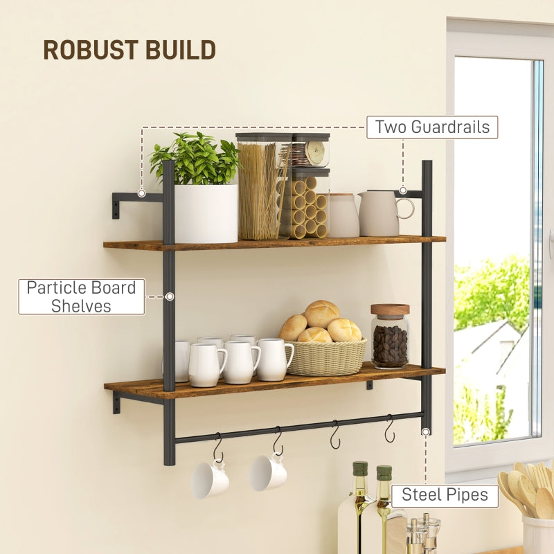 Wall Mounted Floating Shelves with 4 Hooks, Rustic Brown