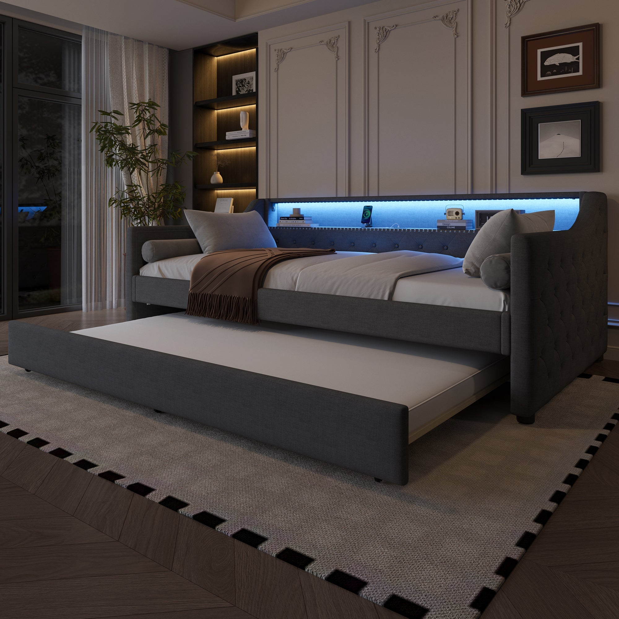Daybed Sofa Bed 90x200cm Pull-out Bed LED USB - Linen Grey
