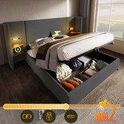 Upholstered Double Bed 160x200, with Bedside Table, Reading Lamp, USB-C, Gray Linen