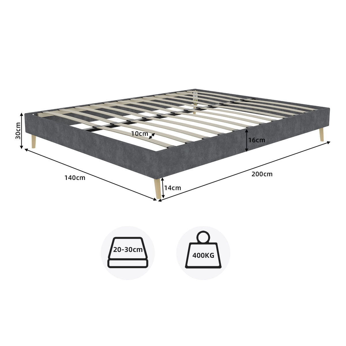 Modern Bed Frame 140x200cm Low Box Dutch Velvet Gray