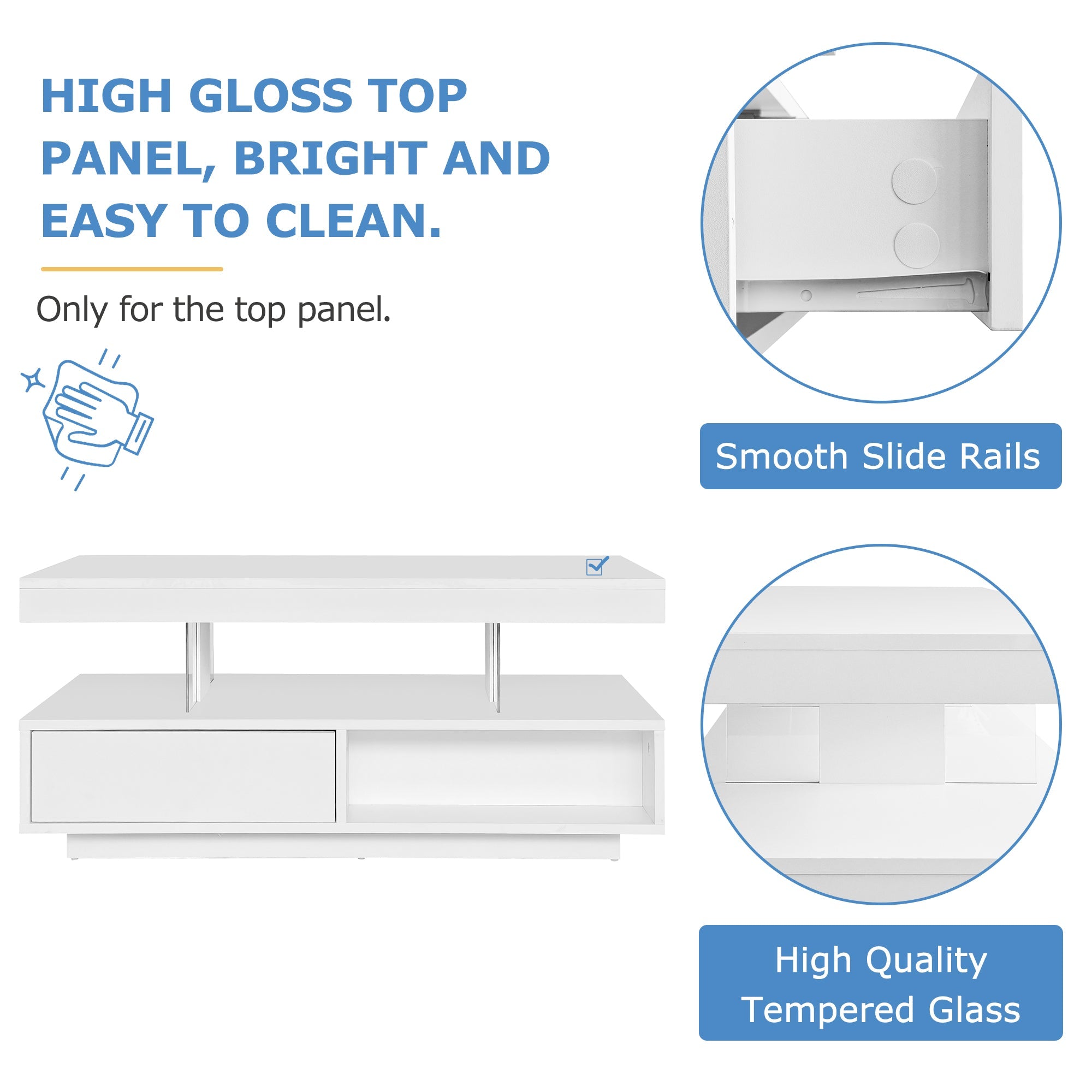 Coffee Table 95x50x42.5 cm with 4 Glass Tops, 2 Drawers, 2 Open Compartments, White High-Gloss