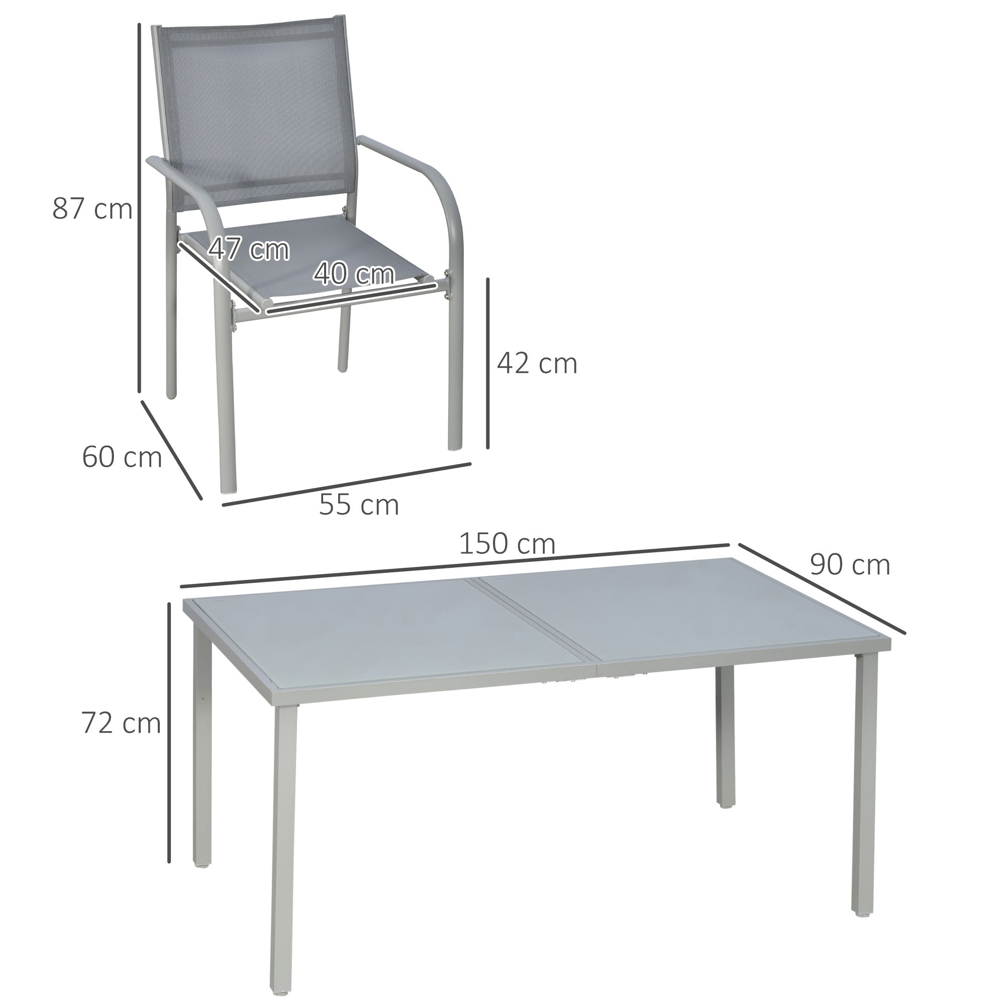 7 Piece Garden Dining Set, Table with 6 Stackable Chairs, Steel Frame & Tempered Glass, Grey