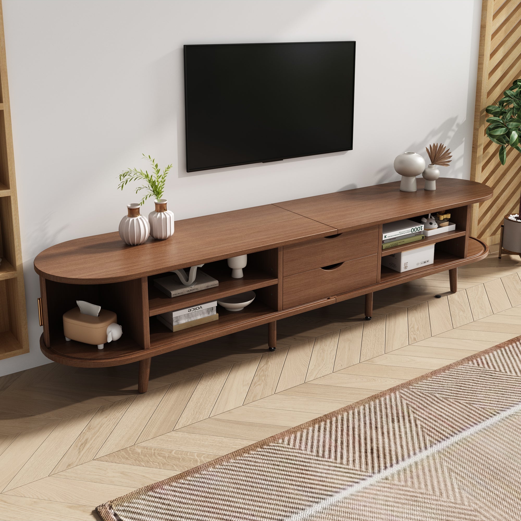 TV Stand with Drawers and Sliding Doors, Oval Cabinet for 70 Inch TV, Dark Oak MDF