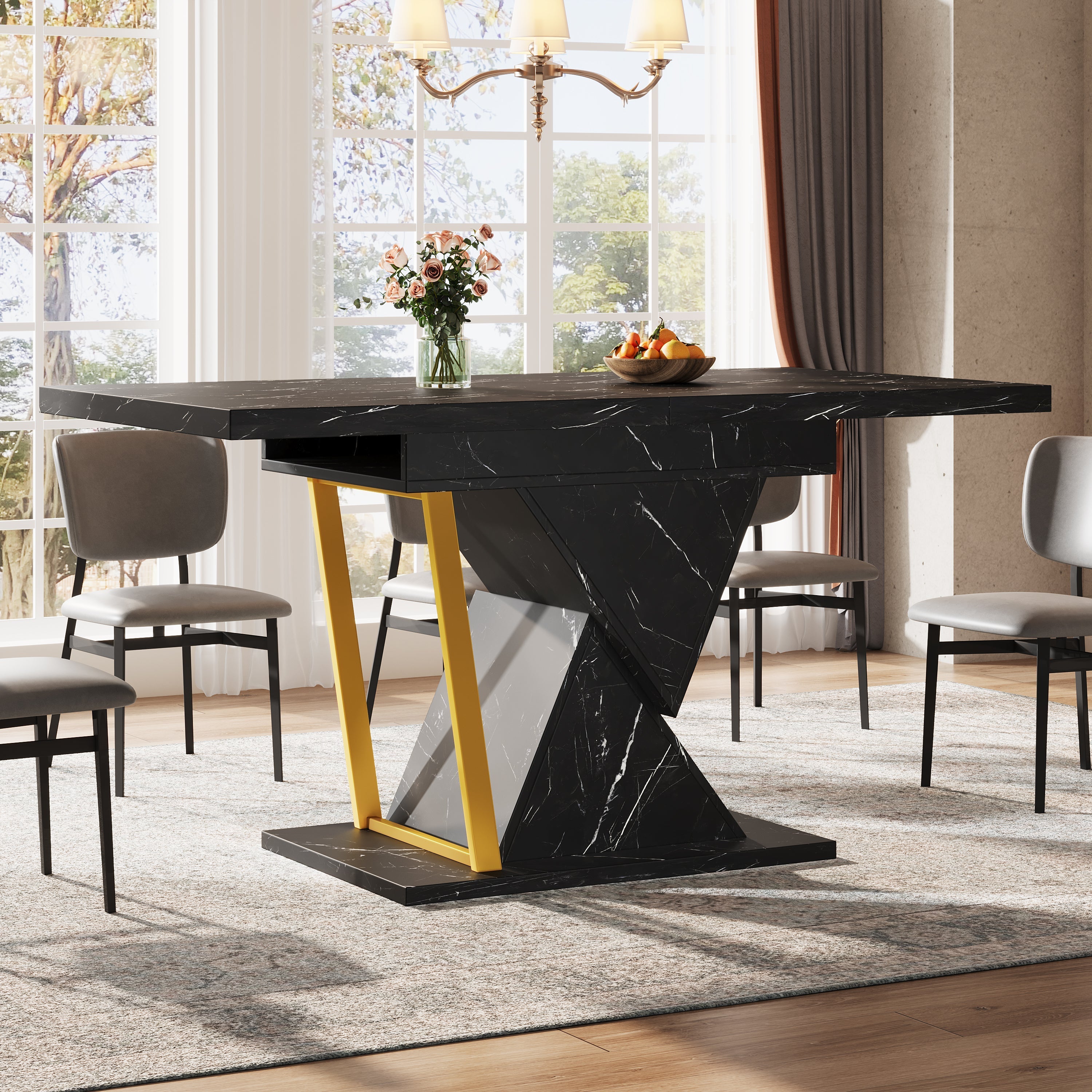 Extendable Dining Table 110-140x80cm 6 Seater Wood - Black
