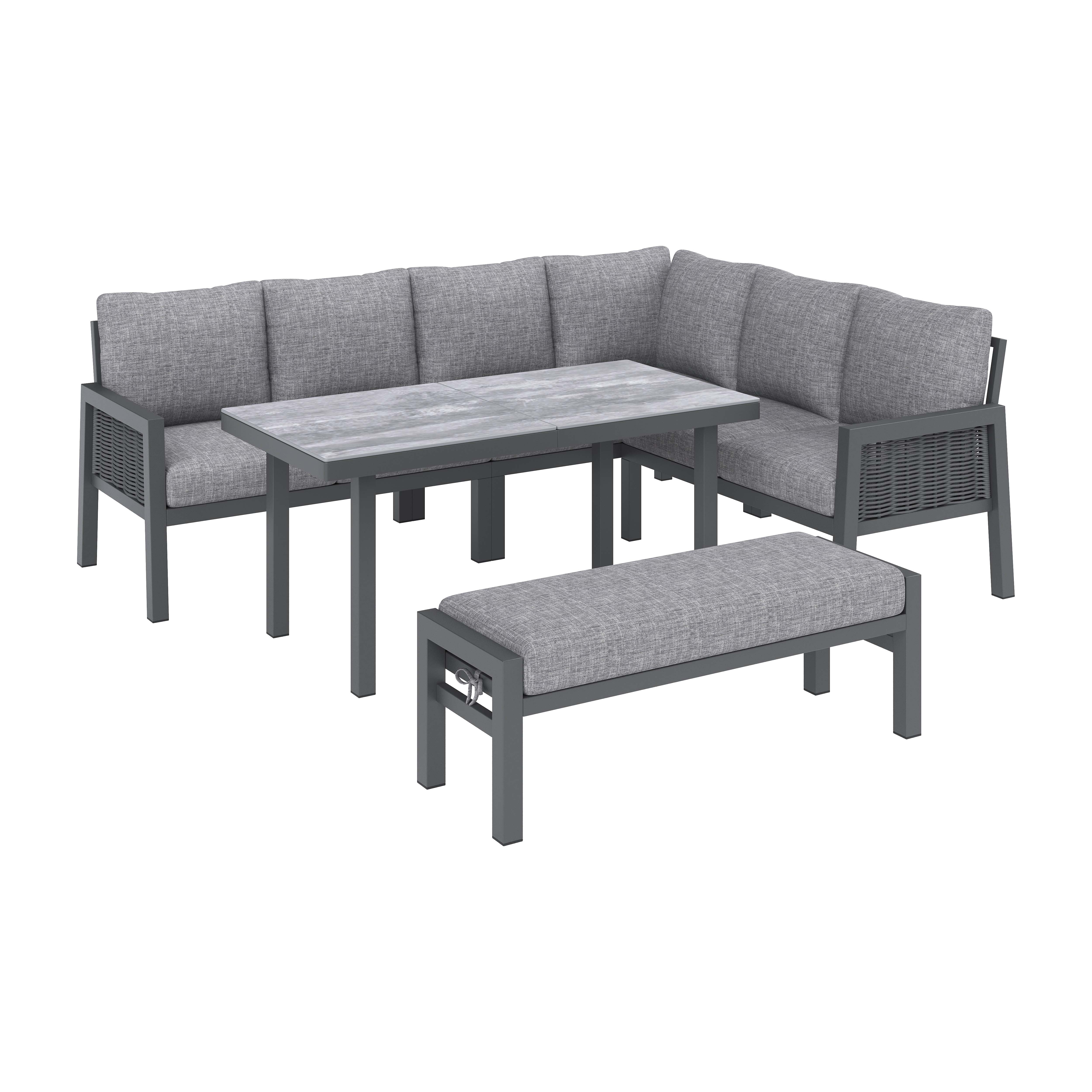 Garden Dining Set, 8 Person Corner Furniture with Glass Table and Benches, Grey PE Braided Rope