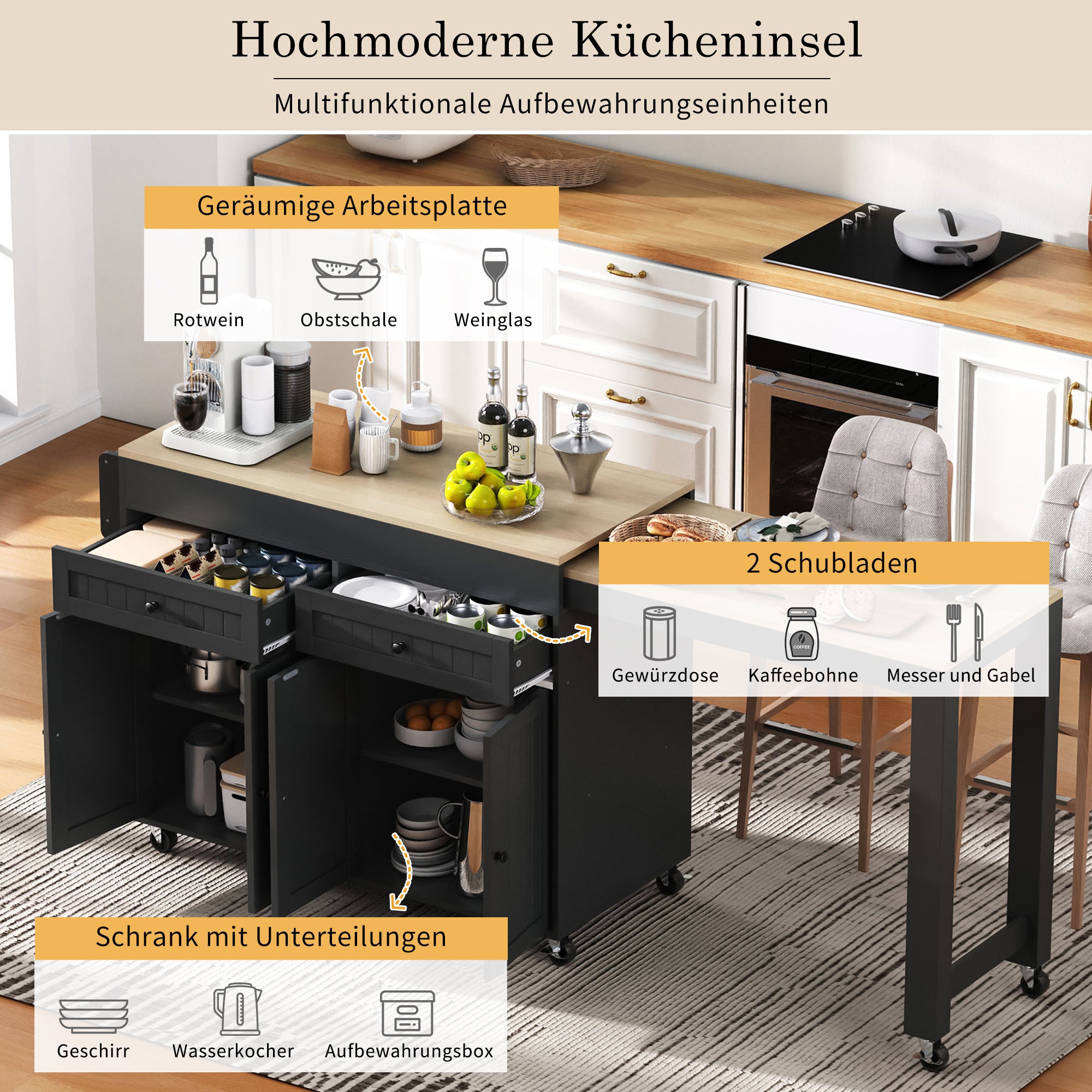 Kitchen Island, Mobile with Extendable Dining & Drawers, Black + Natural