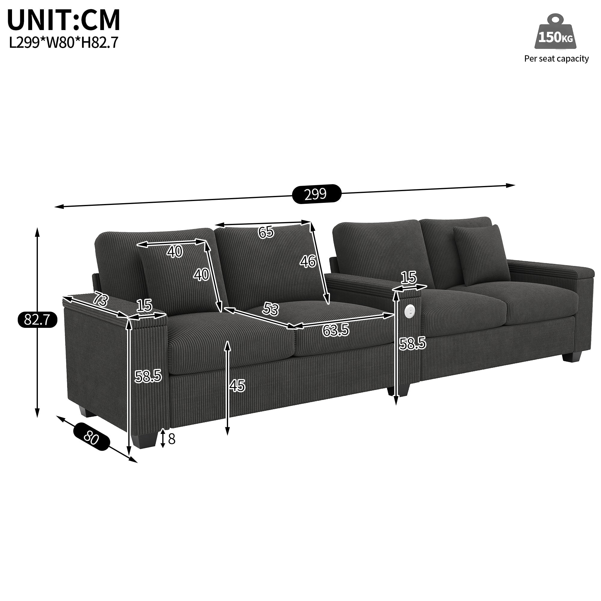 Modern 4-Seater Modular Sofa with USB Charging and Hidden Storage, Gray Corduroy