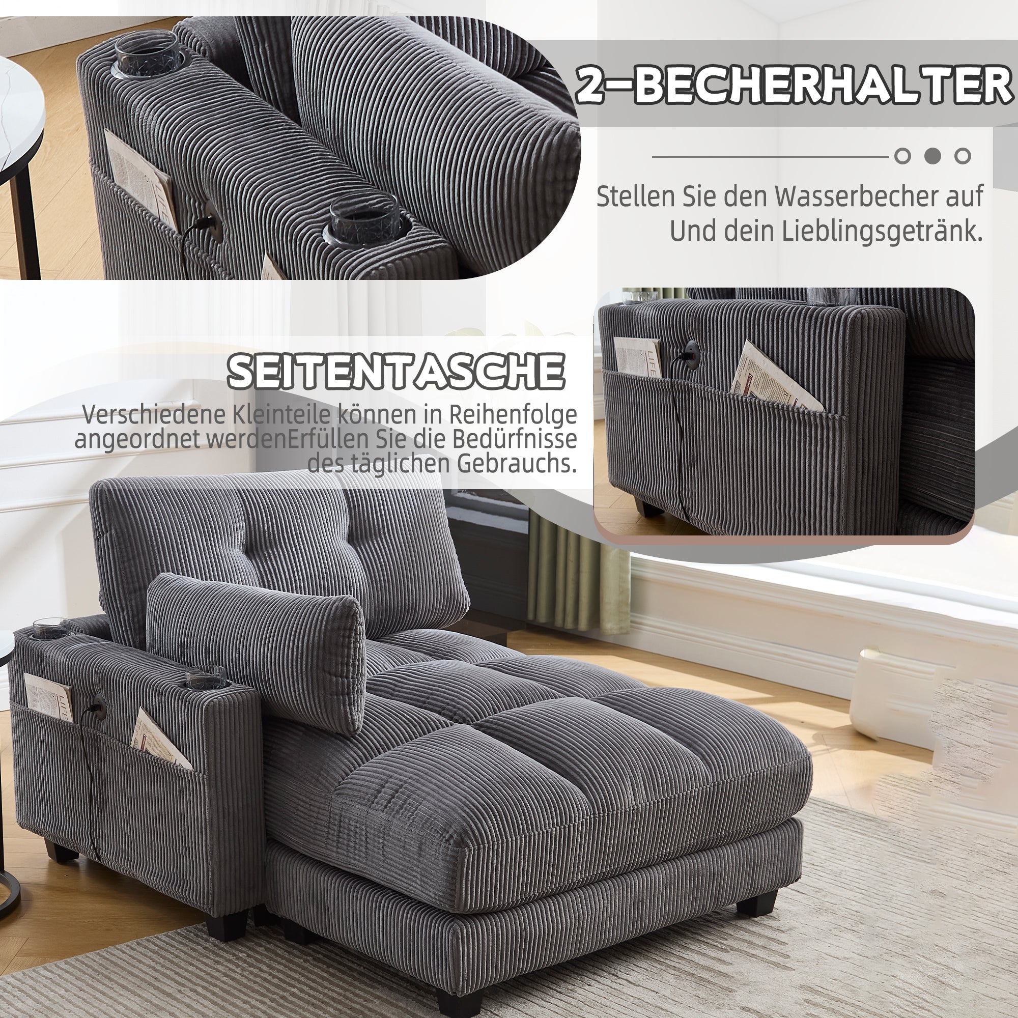 Palm Chair, Fluffy Upholstery, Rolling Cushions, Cup Holders, Side Pocket, Gray