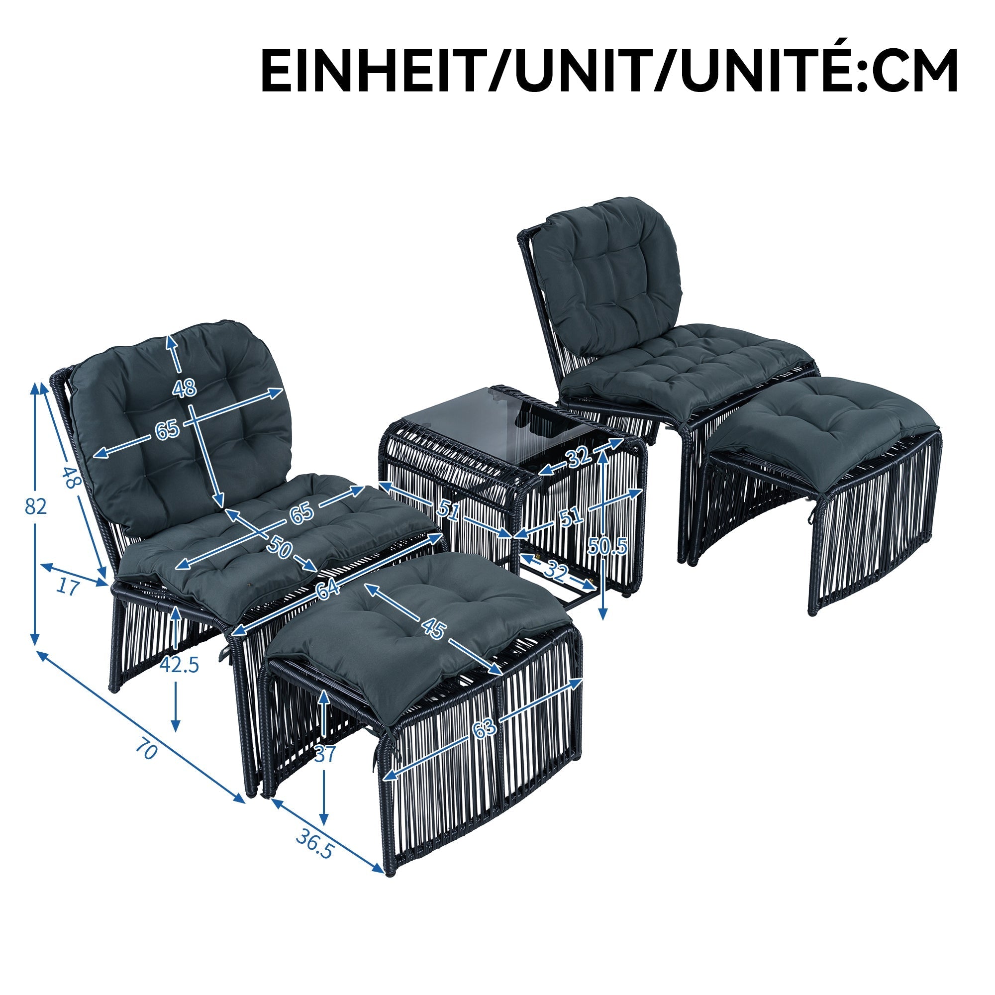 5-Piece Outdoor Garden Furniture Set with Table, 2 Chairs, 2 Stools and Glass Top, PE Rattan and Iron Frame