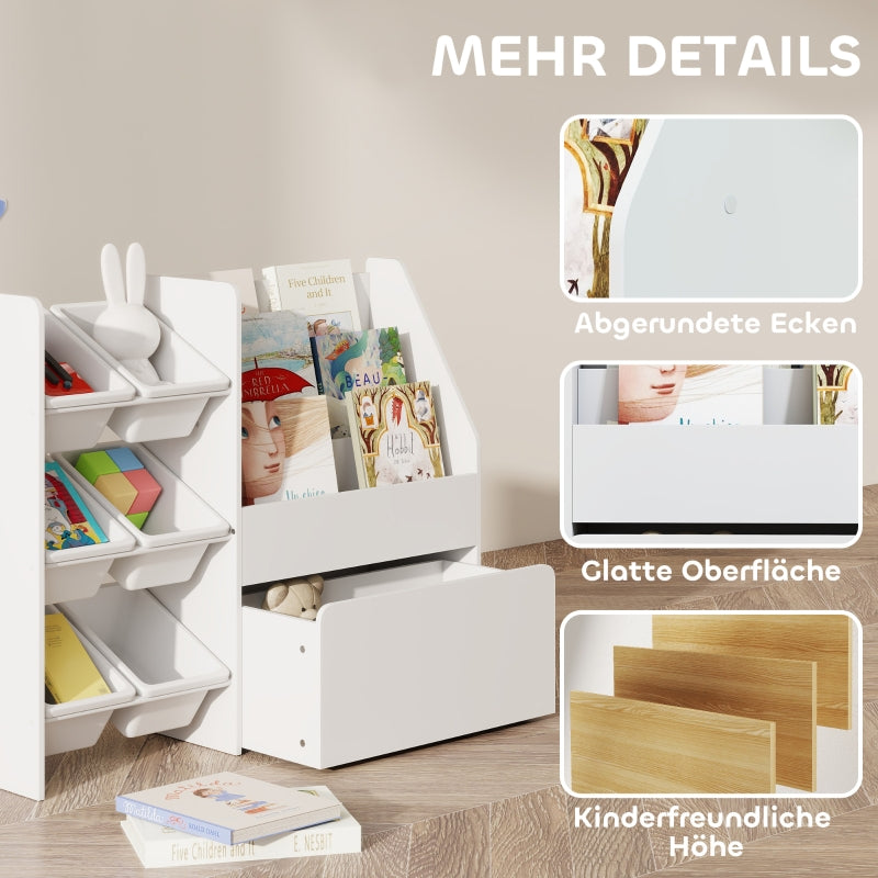 Children's Toy Shelf, 6 Containers Book Display Rolling Box 100x30x80cm, MDF Steel White