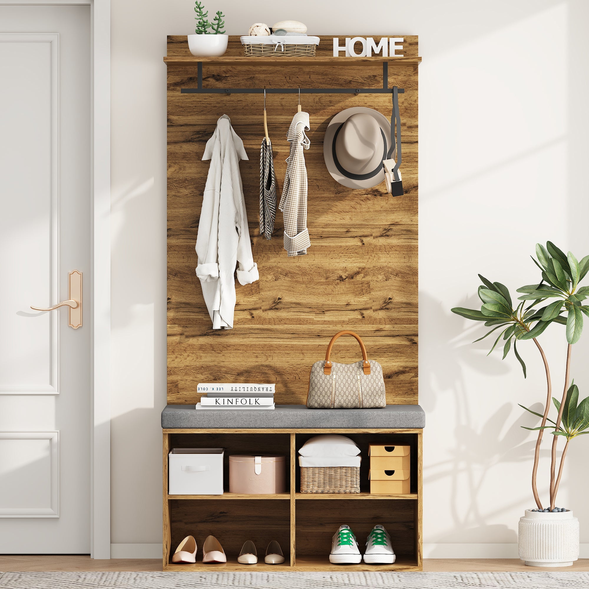 Wardrobe Set with Shoe Bench, Adjustable Shelf & Clothes Rail, 175cm High, Wood Look