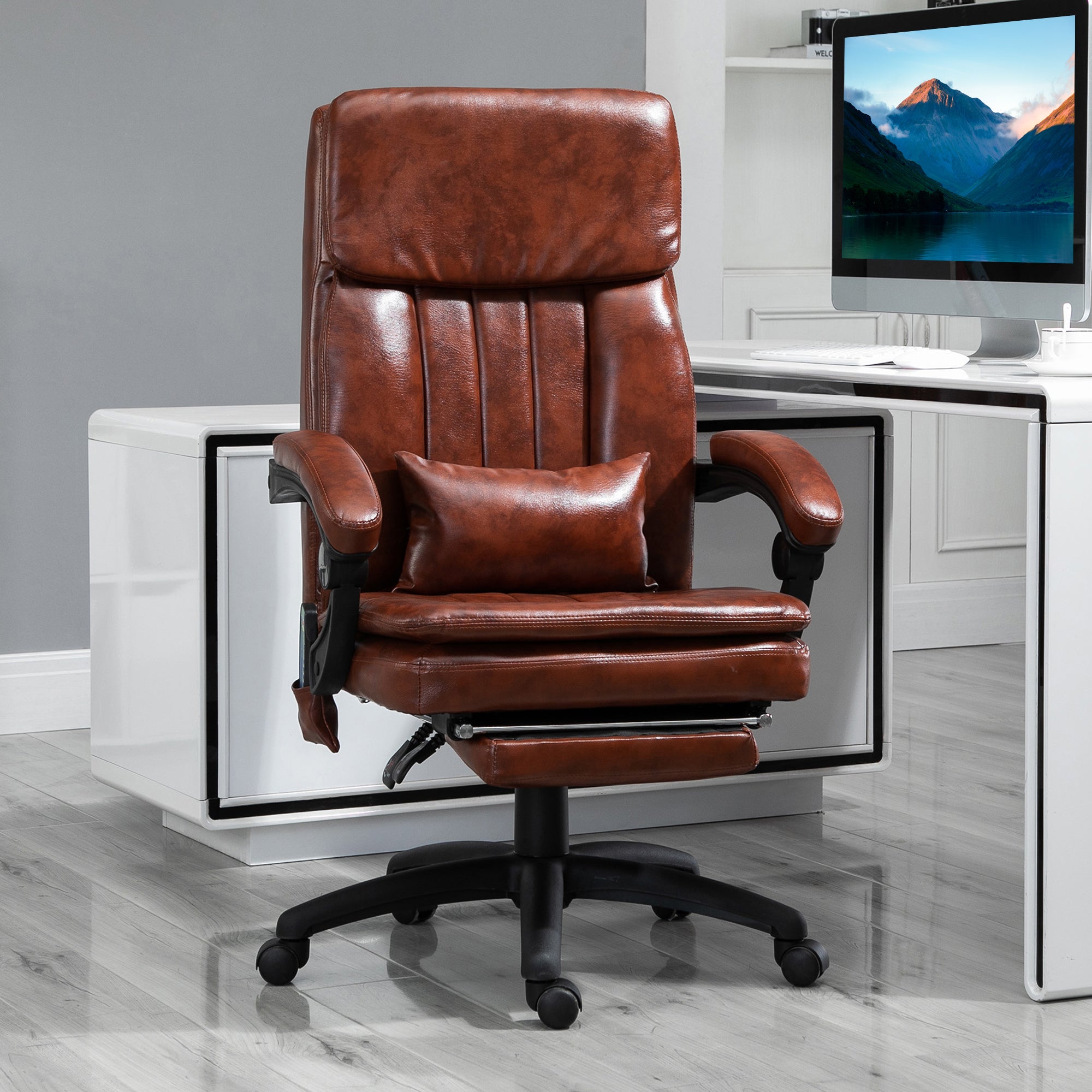 PU Leather Office Chair 7 Point Vibrating Massage Footrest Adjustable Reclining Back Brown