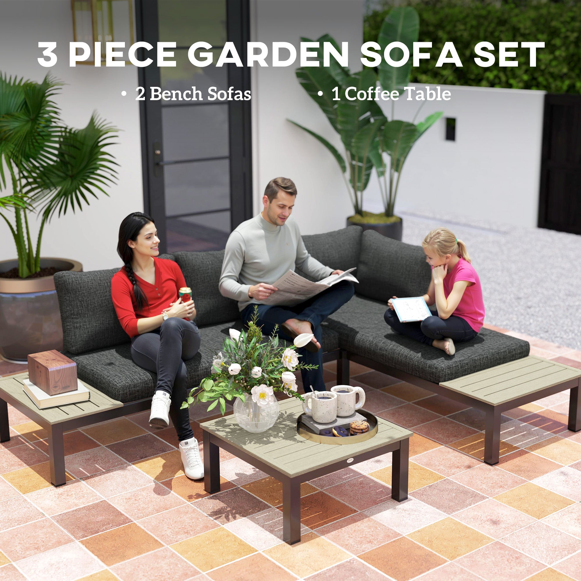 3 Pieces Garden Furniture Sets Corner Sofa Set Coffee Table Aluminium Dark Grey