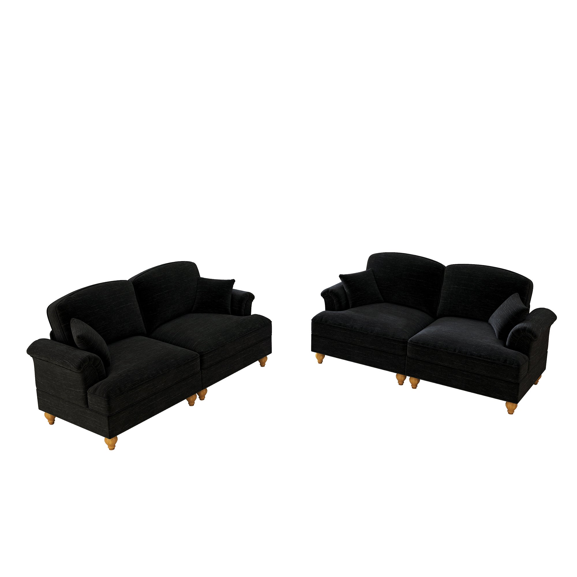 Mid-Century L-Shaped 2-Seater Sofa with Movable Ottoman - Black Chenille