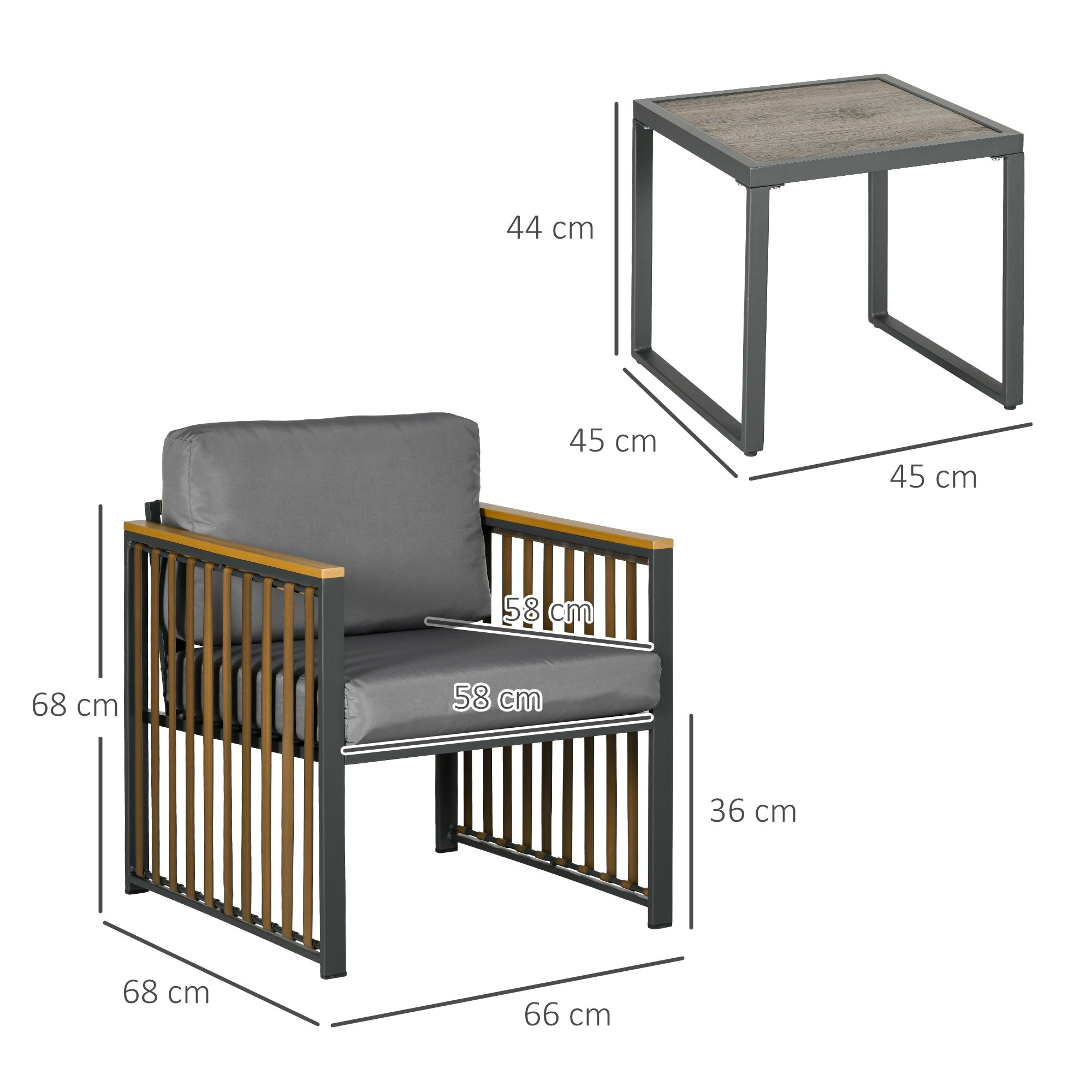 Gartengarnitur, 3-teiliges Bistro-Set mit Couchtisch und 2 Stühlen, Grau
