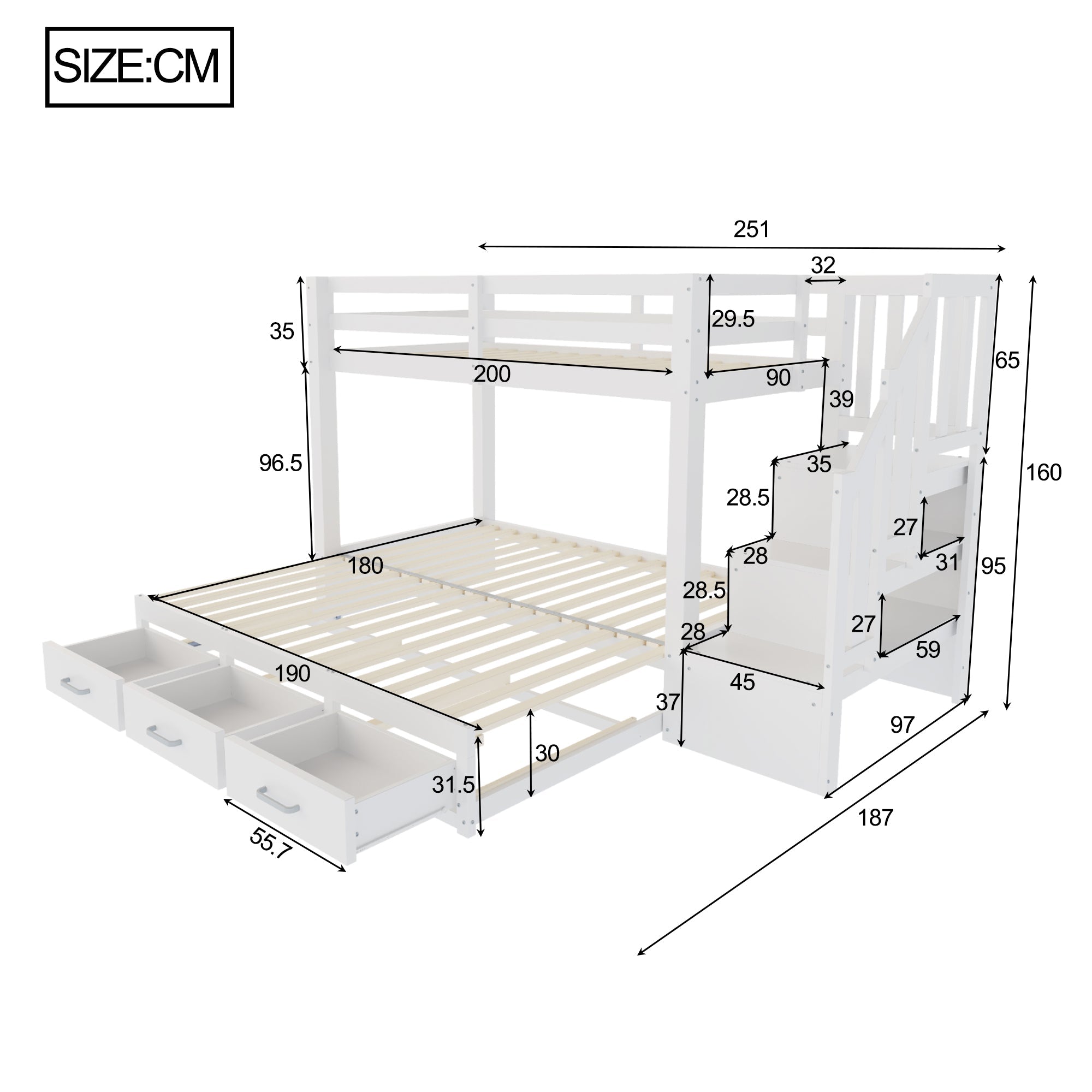 Bunk Bed with Pull-out Bed, Storage Ladder and Drawers, 90x200cm, White Wood