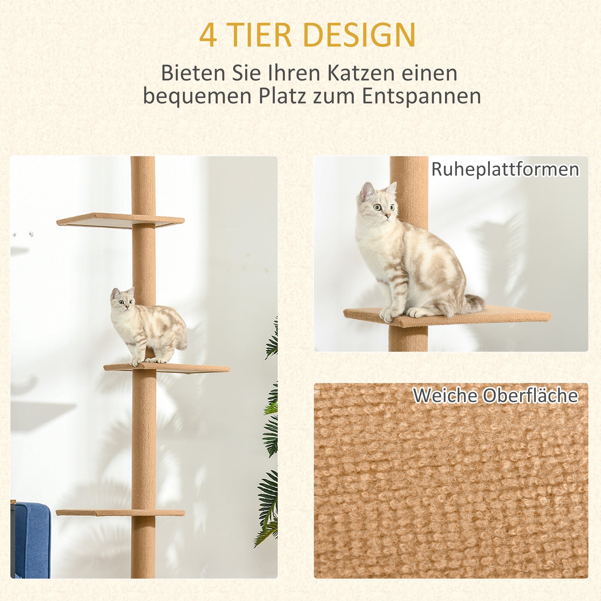 Kratzbaum, höhenverstellbarer Spielbaum für Katzen, Hellbraun