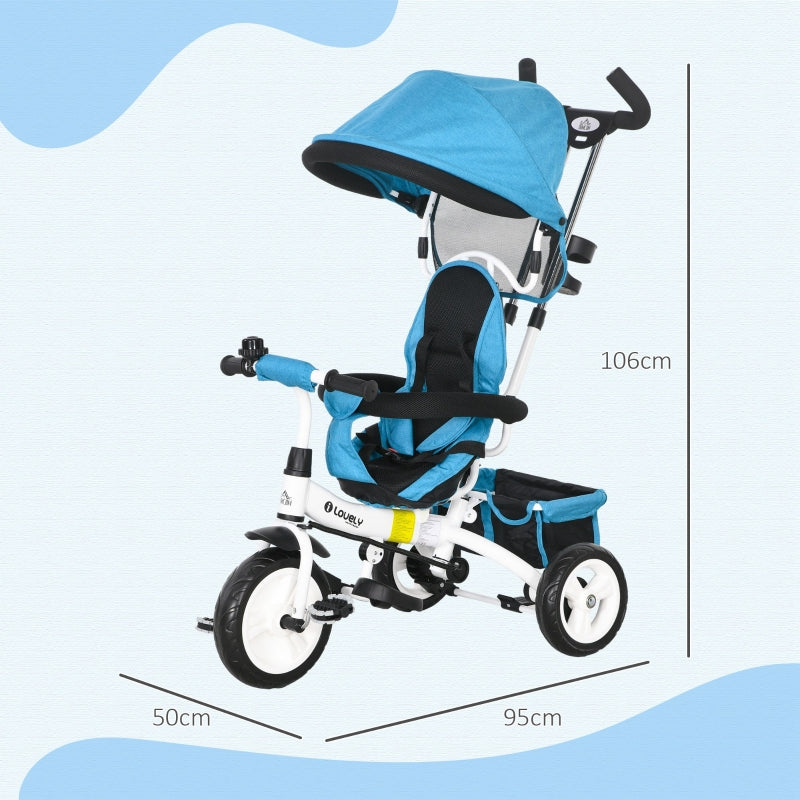 6-in-1 Tricycle with Push Bar, Sun Canopy, Safety Harness, Basket, Cup Holder, Blue