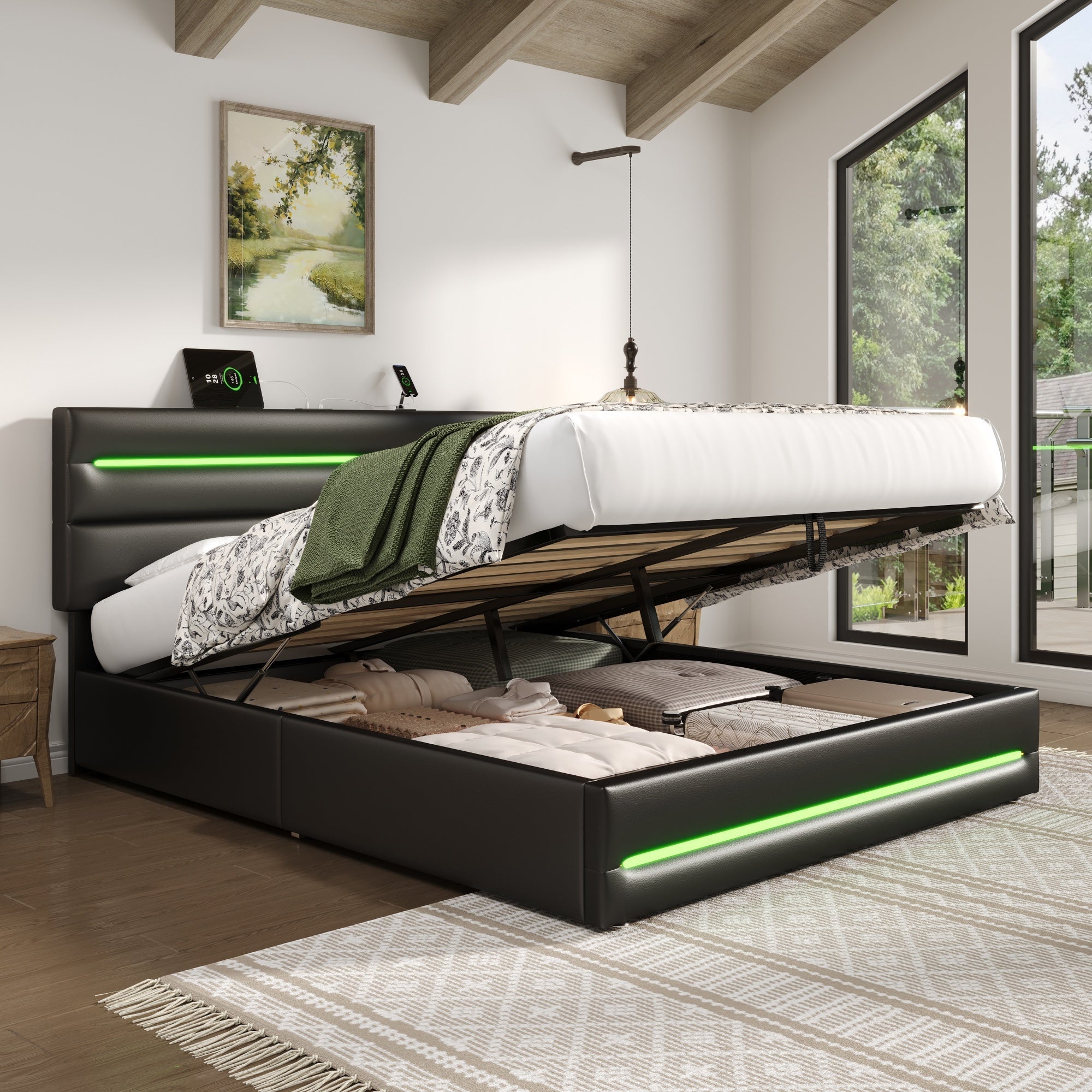 4ft6 Double Upholstered Bed Frame with Hydraulic Storage, LED Lighting, Charging Station & Adjustable Headboard with USB/Type-C Ports, Black PU (No Mattress)