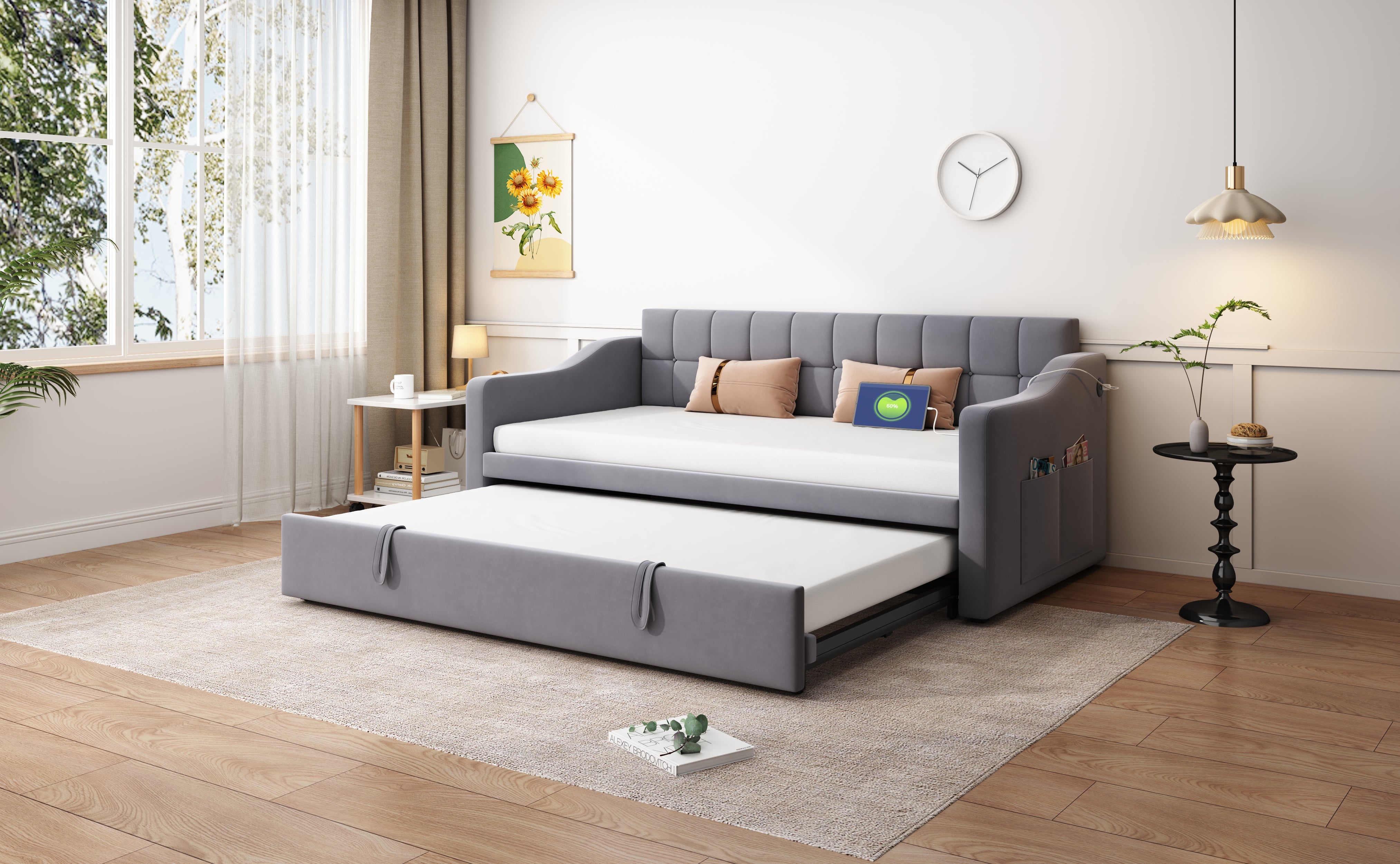 Upholstered Bed Sofa, 2-in-1 Multifunctional with Socket & Storage, Gray Velvet
