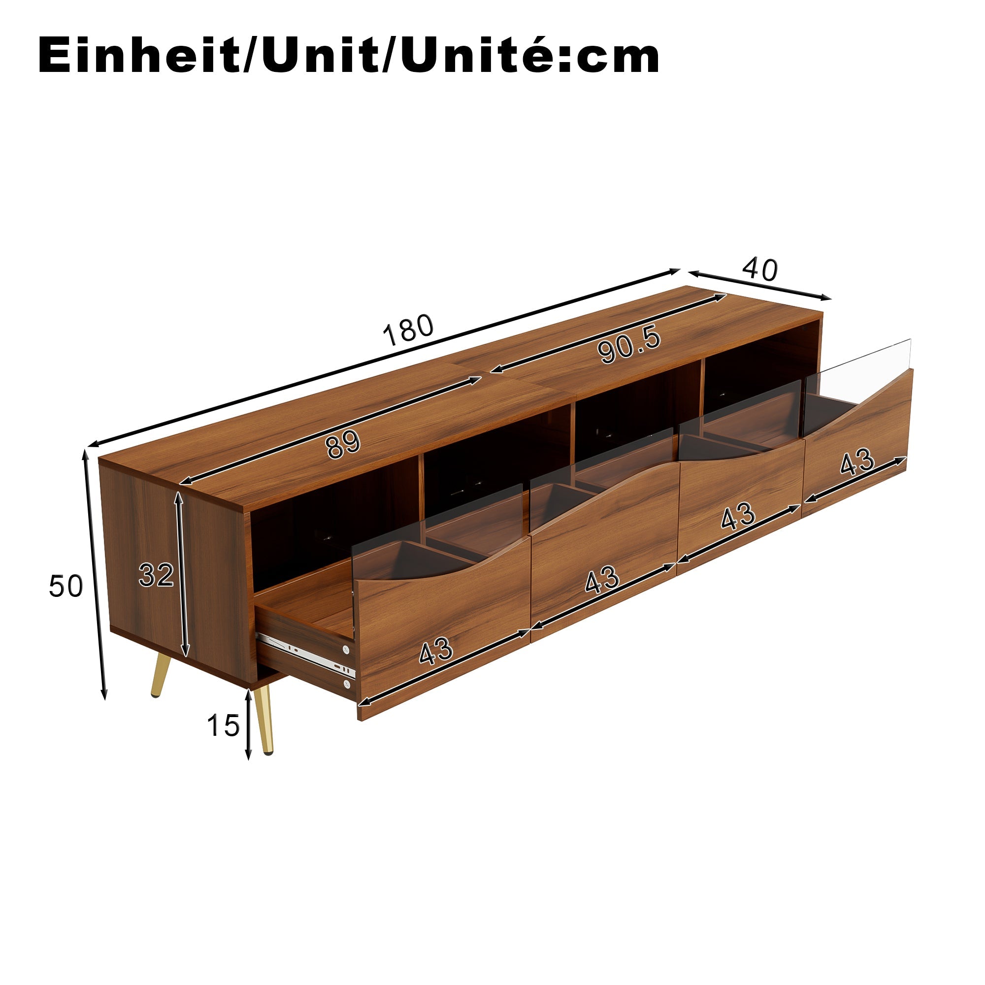 Modern TV Cabinet 180cm LED Lighting Storage, Wood Color/Gold Metal