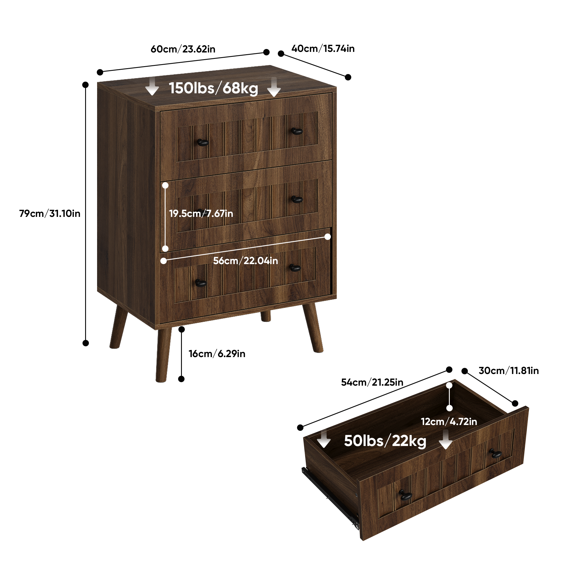 Chest of Drawers with 3 Drawers and Storage Cabinet, Walnut Wood