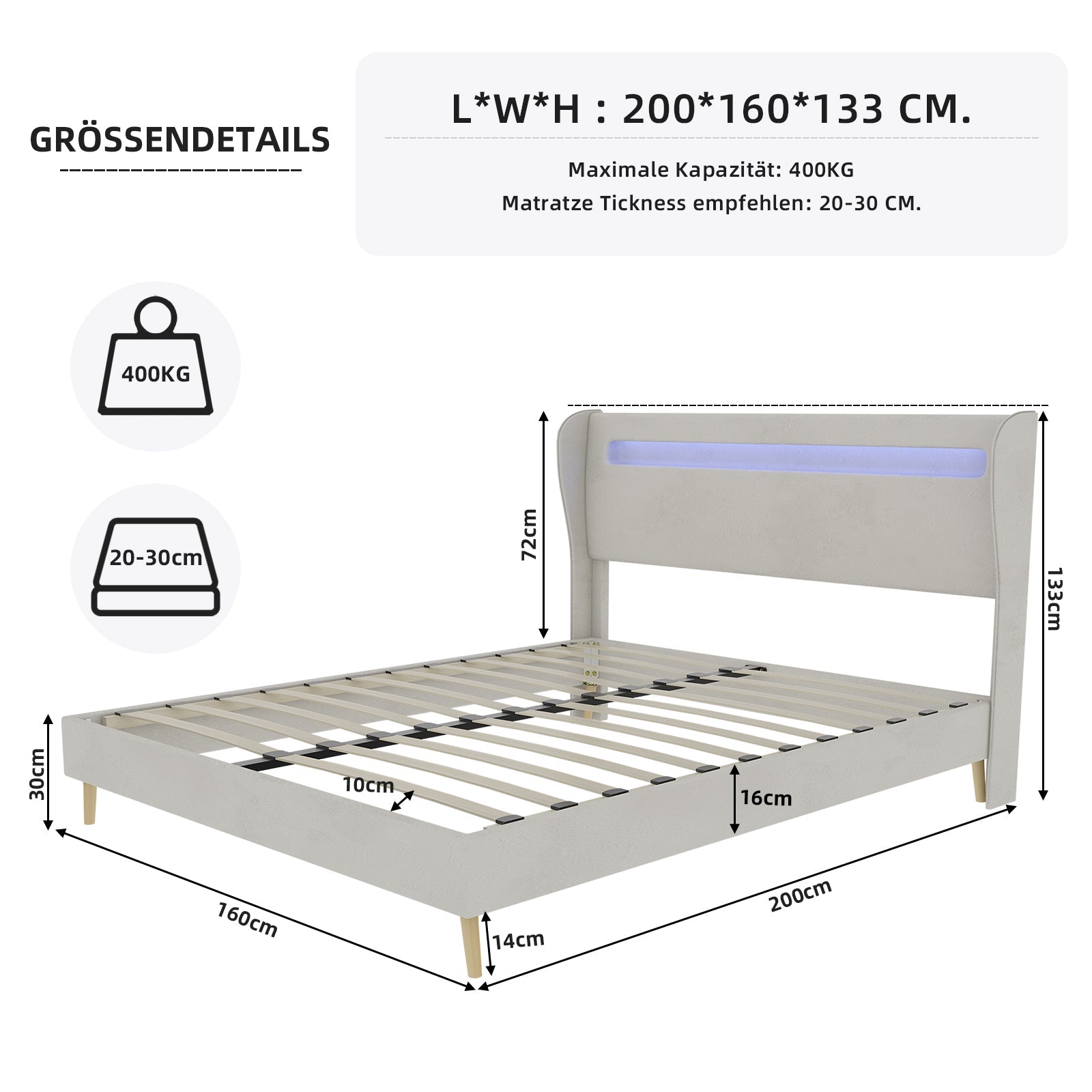 Upholstered Bed, Modern Minimalist LED-backlit Headboard, 160x200 cm, Beige