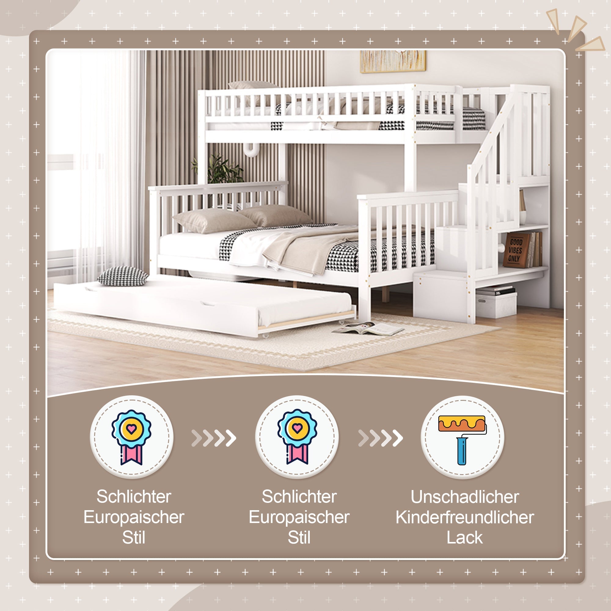 Bunk Bed 90x200cm/140x200cm with Stairs & Rolling Container, Pine Wood White