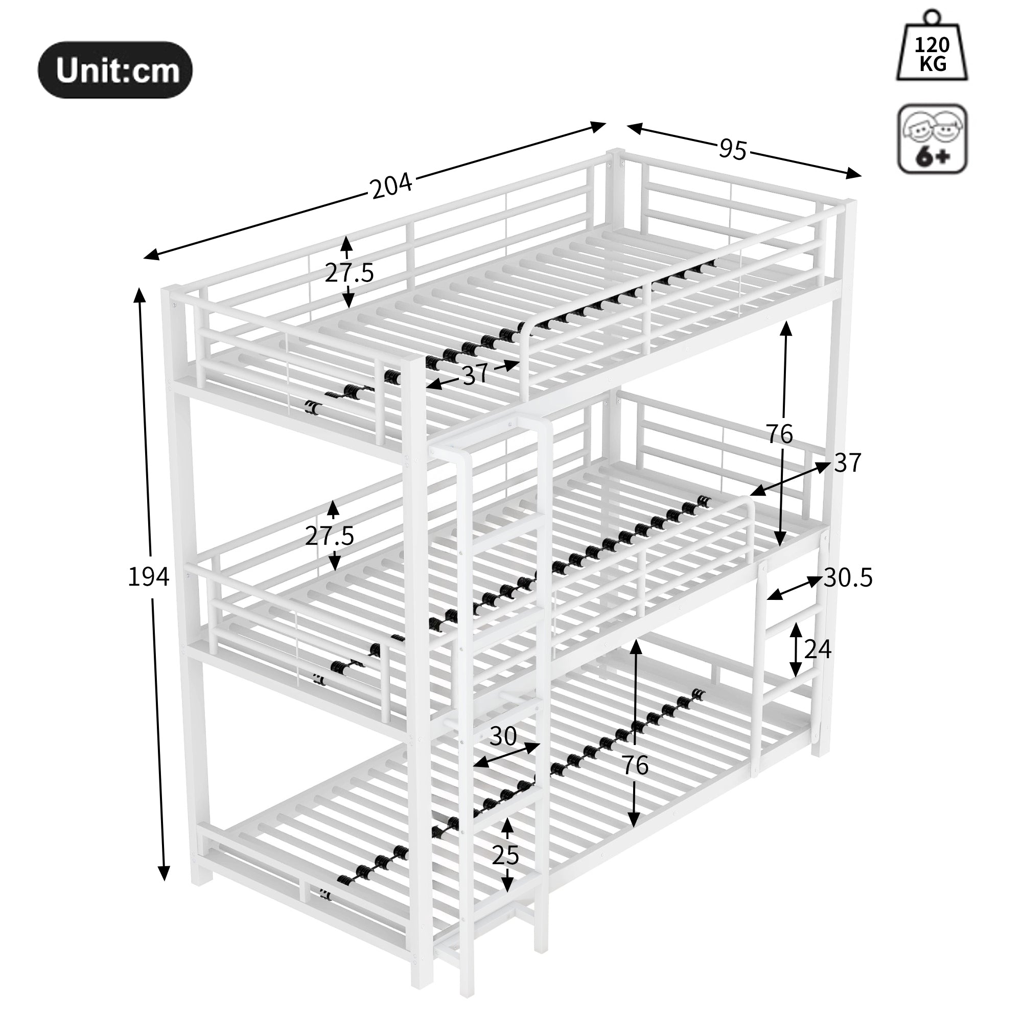 Triple Bunk Bed Frame for Children and Adults, 90x200cm Metal, White