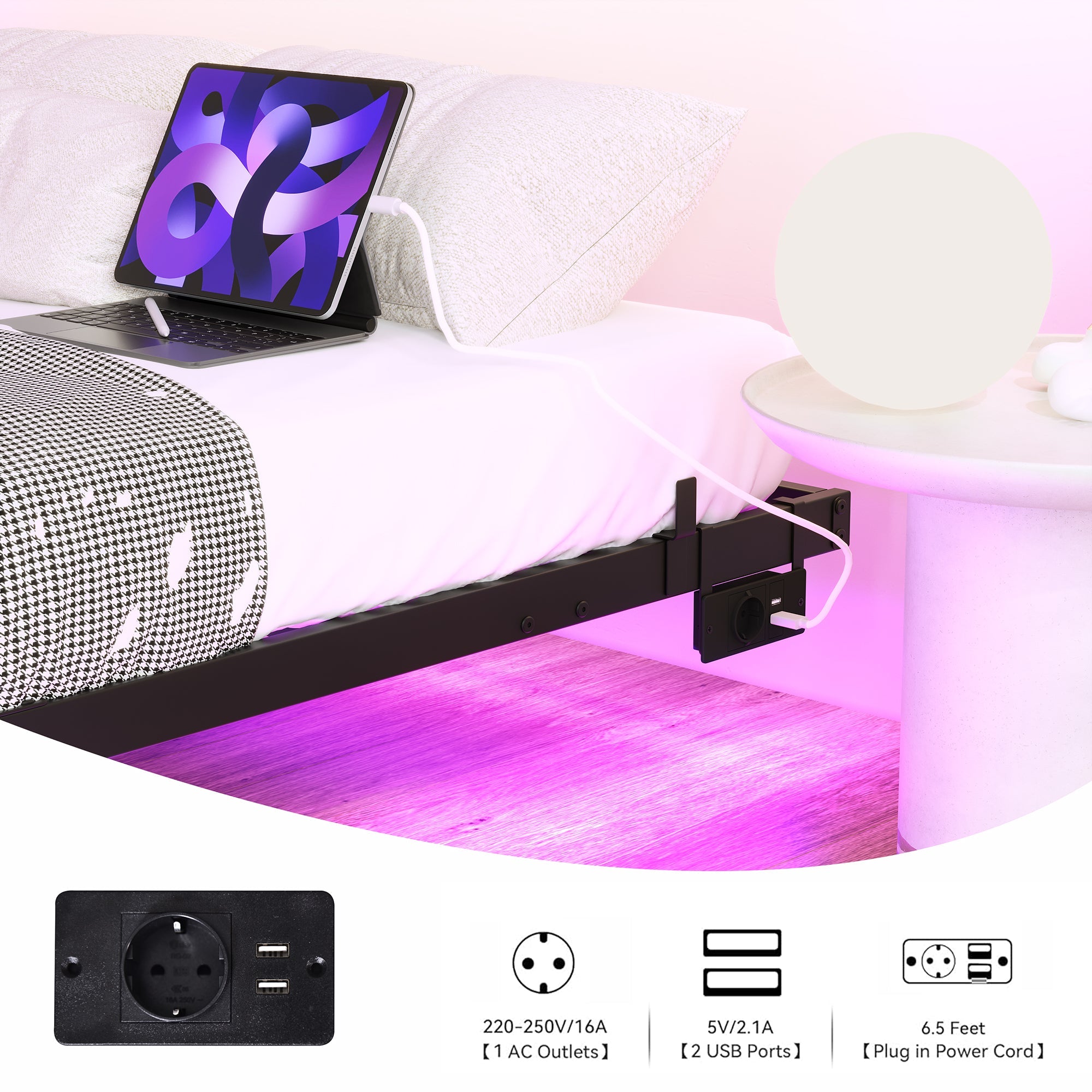 Floating Bed Frame 120x200cm LED Charging Station Metal - Black