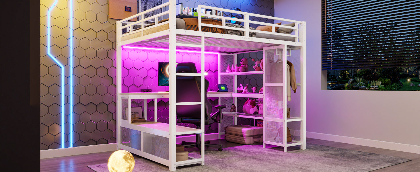 Metal Loft Bed with Wardrobe, USB Port and LED Lighting, White
