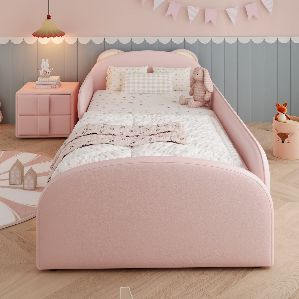 Upholstered Children's Bed with Bear-Shaped Headboard and Matching Bedside Table, 90x200cm, Pink Velvet