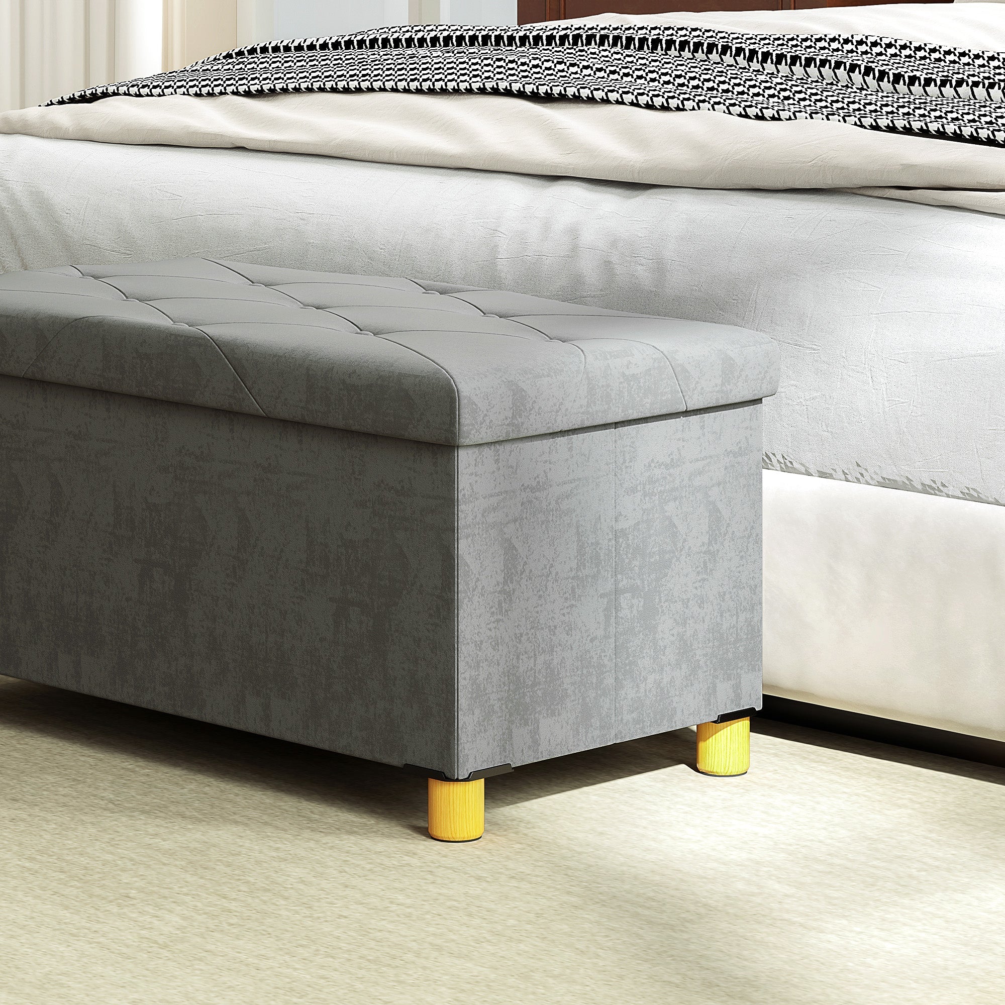 Bench with Storage, Foldable Upholstered, Velvet Look, Gray