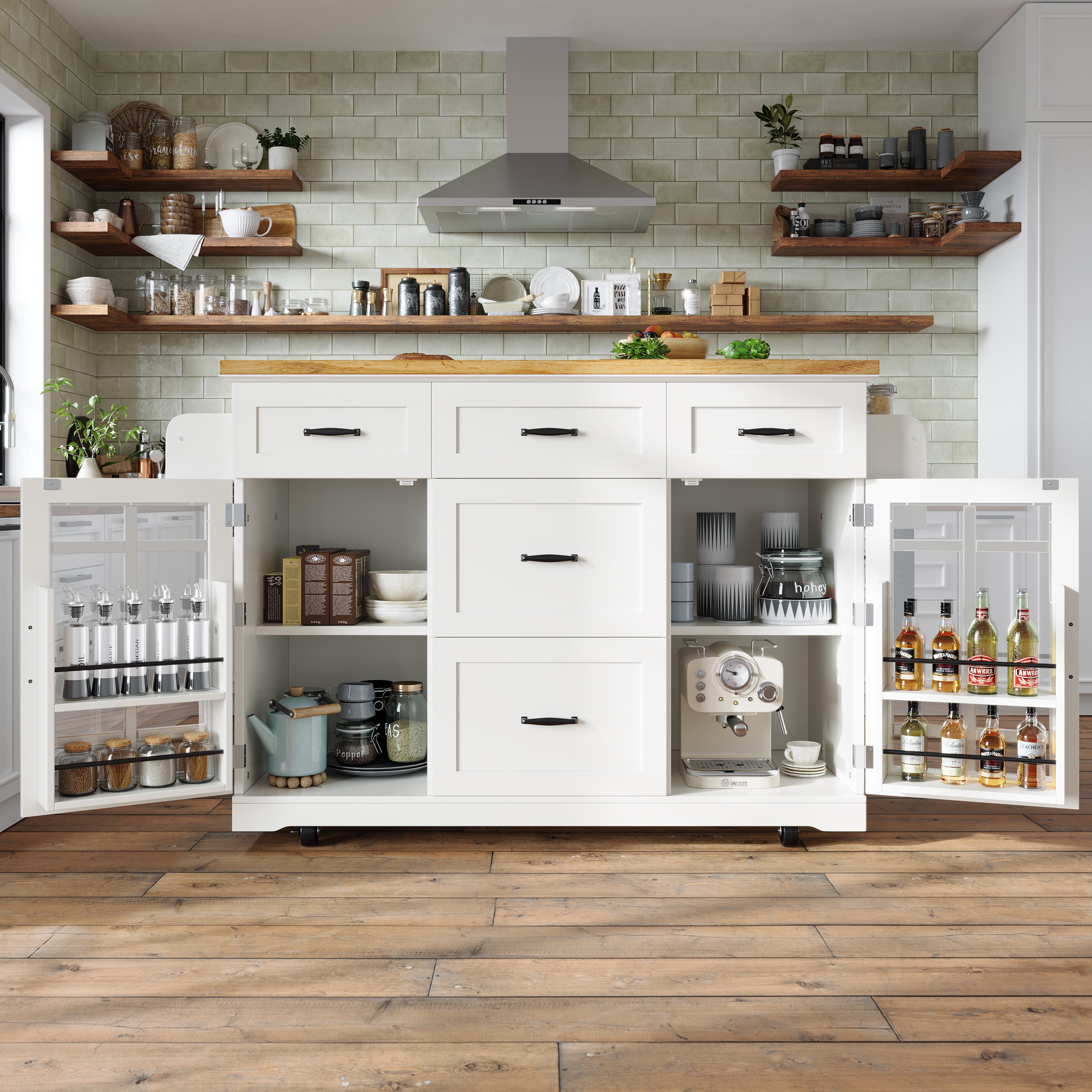 Kitchen Island, Mobile Serving Trolley with 2 Doors, 5 Drawers & Adjustable Shelves, White