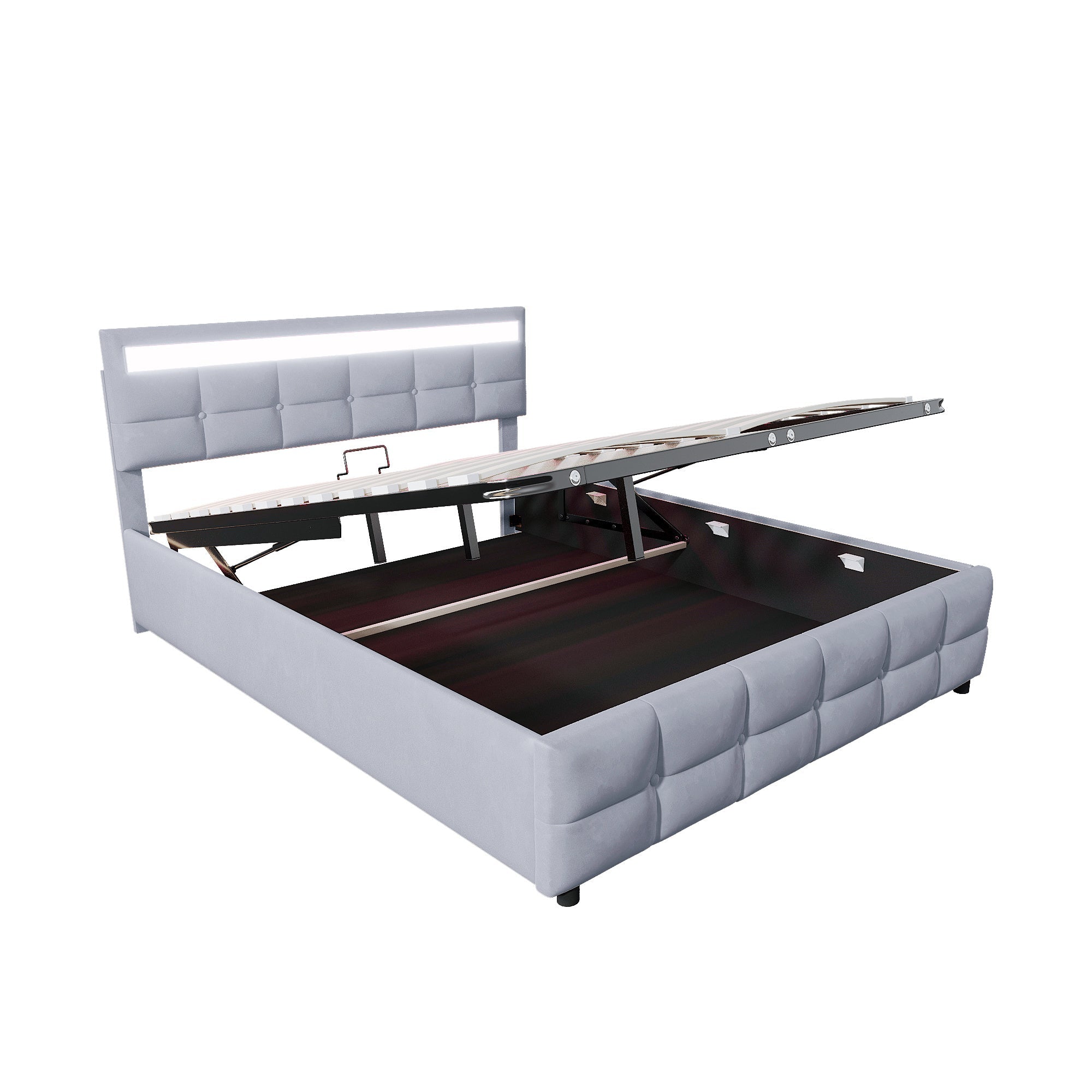 Upholstered Bed with LED Lights, Slatted Frame, Hydraulic, Dutch Velvet Fabric, Grey