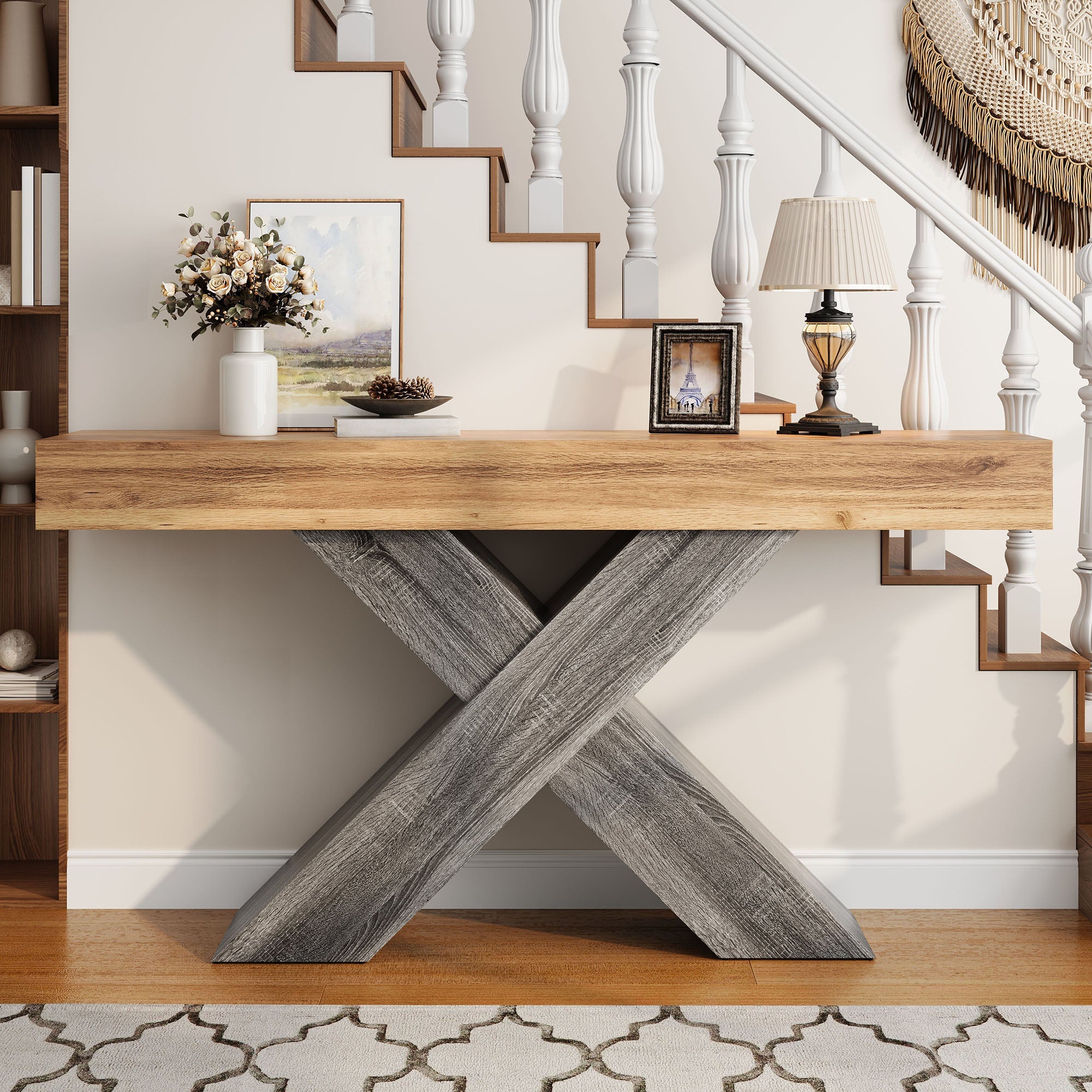 Console Table with X-shaped Legs, Narrow Design for Hallway and Living Room, Wood Look Chipboard