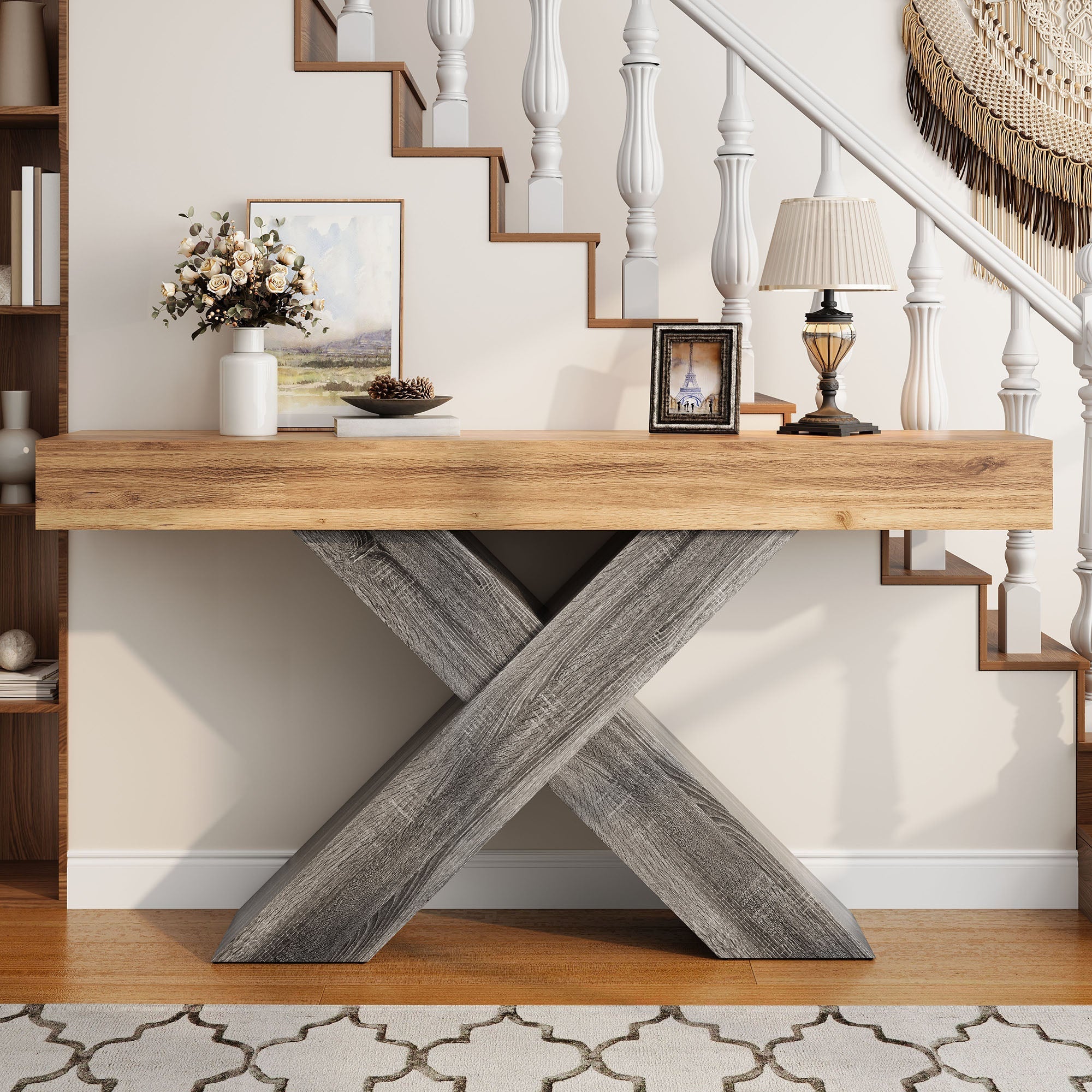 Console Table with X-shaped Legs, Narrow Design for Hallway and Living Room, Wood Look Chipboard