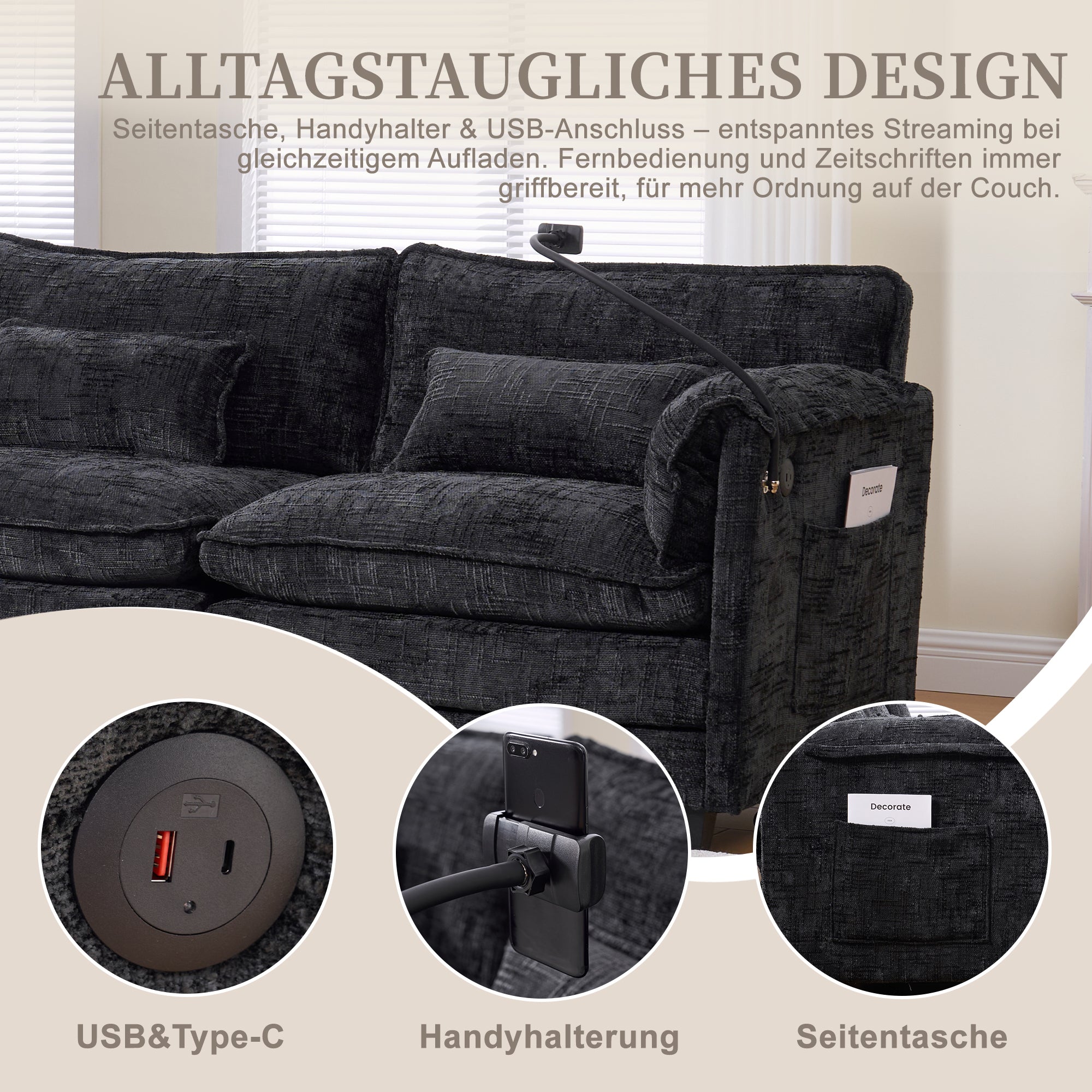 2-Seater Sofa USB Port Modular Footstool - Chenille Black