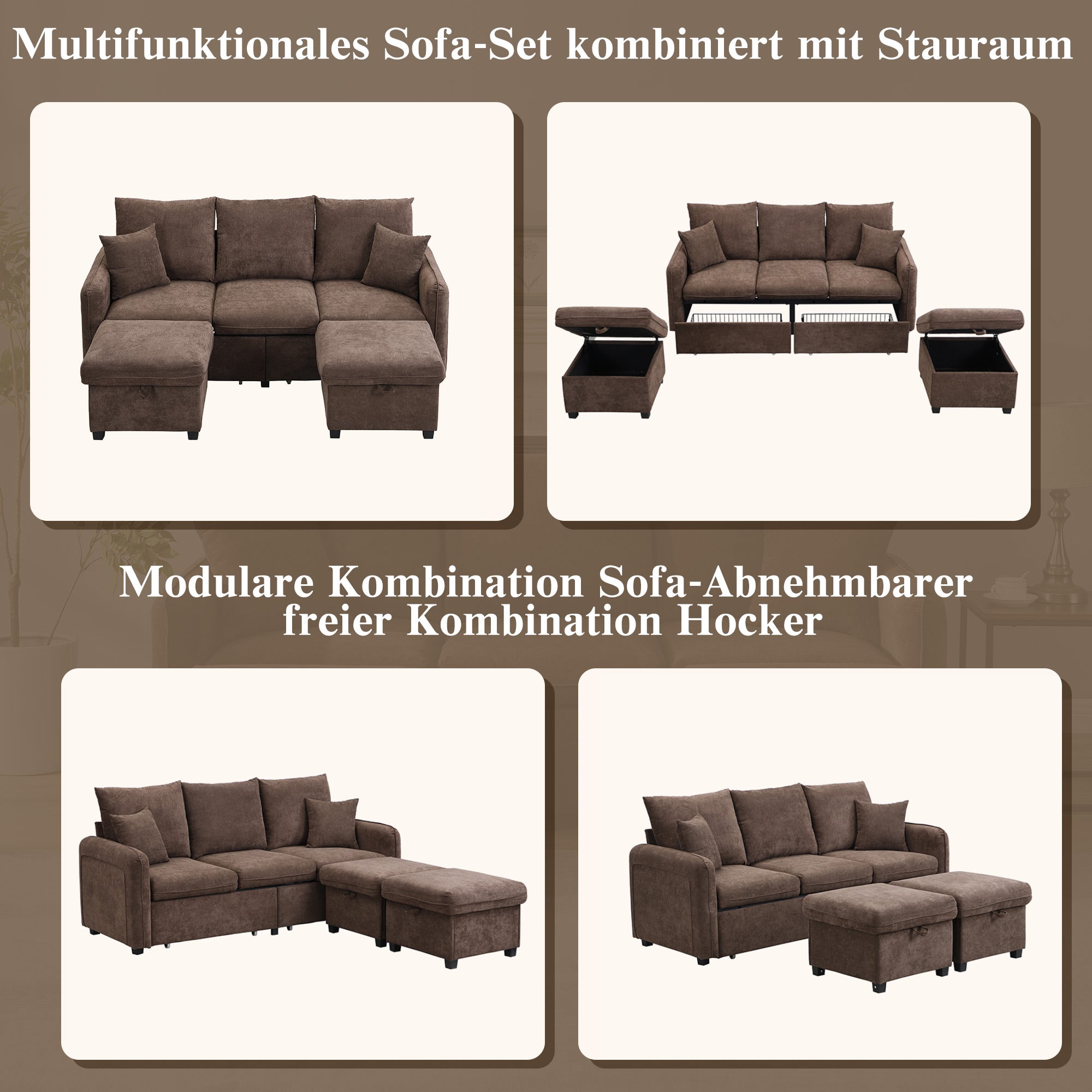 Multifunctional Corner Sofa, U-Shaped Three-Seater, Storage, Drawers & Ottoman, Sleeping Function, Chenille