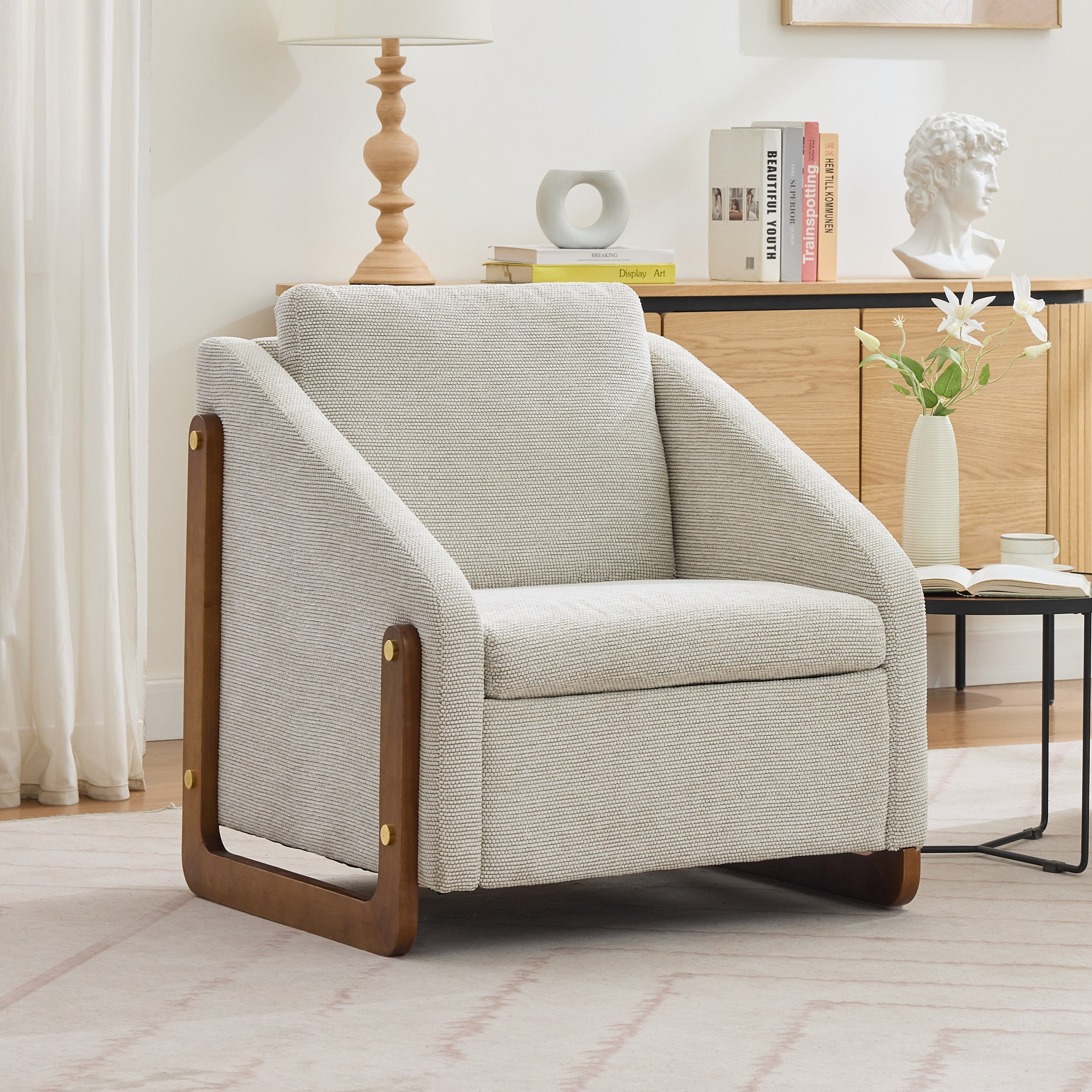 057 Armchair, Living Room Accent Lounge Chair with Wooden Armrests & Back Cushion, Beige Chenille Fabric