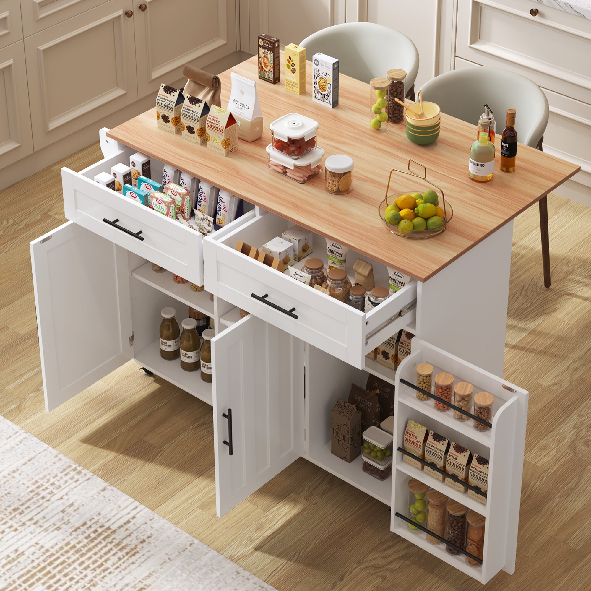 Dining Cart Sideboard 129cm Folding Worktop Storage Cabinet Wheels Reversible Feet - Wood Grain & White