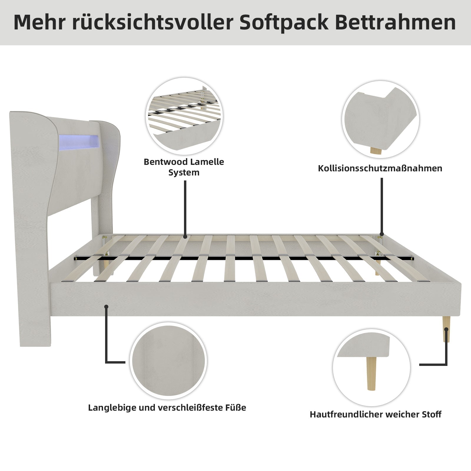 Upholstered Bed, Modern Minimalist LED-backlit Headboard, 160x200 cm, Beige