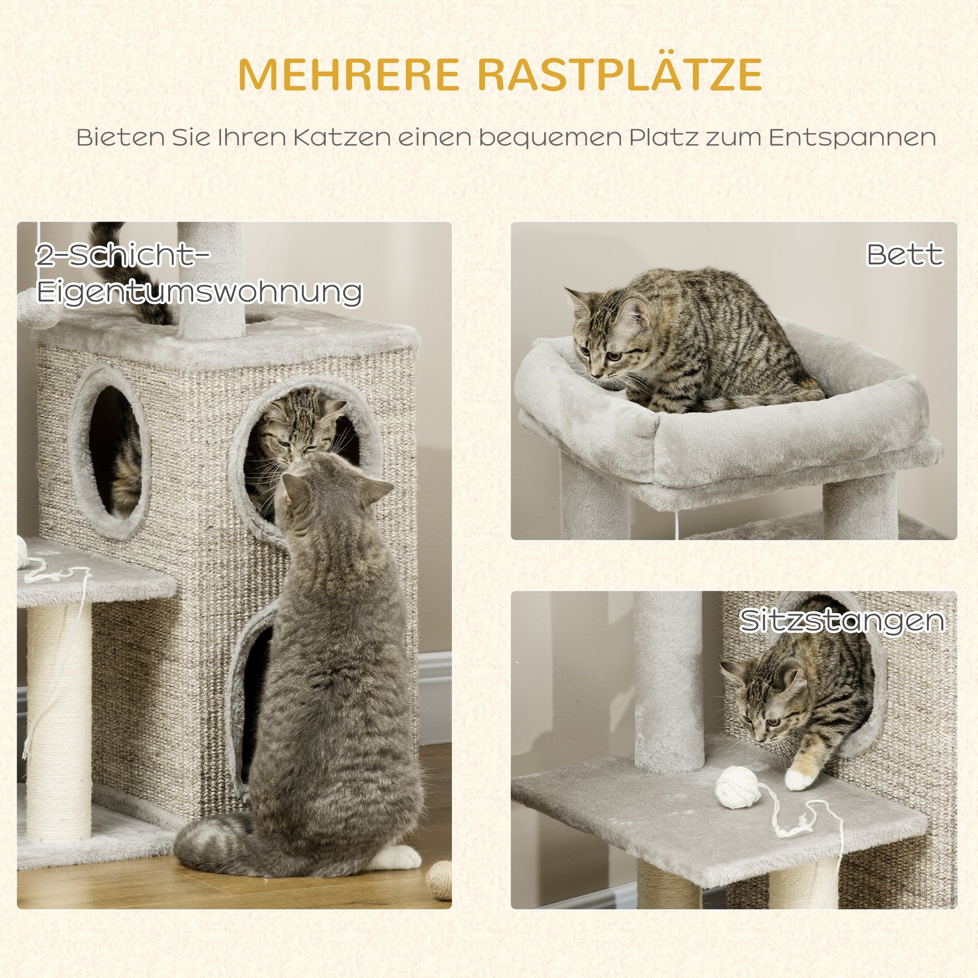 Cat Scratching Post, 2 Cat Caves, Sisal Column, Play Platform, Light Grey