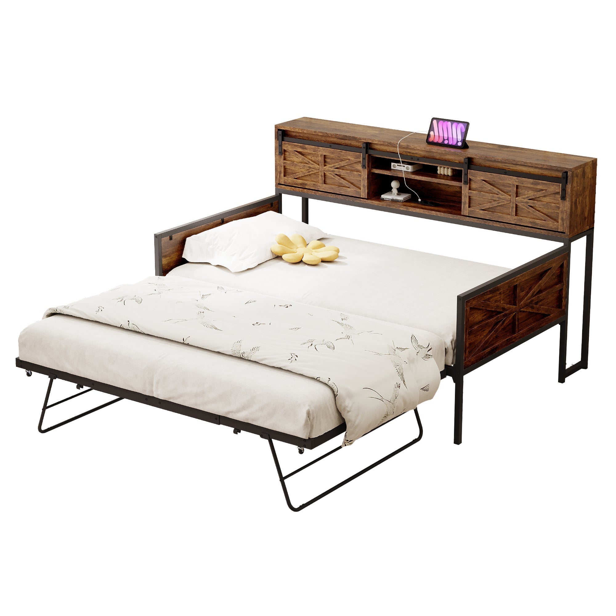 Sofa Bed, Pull-out with Storage & Sockets, Iron Black + Brown