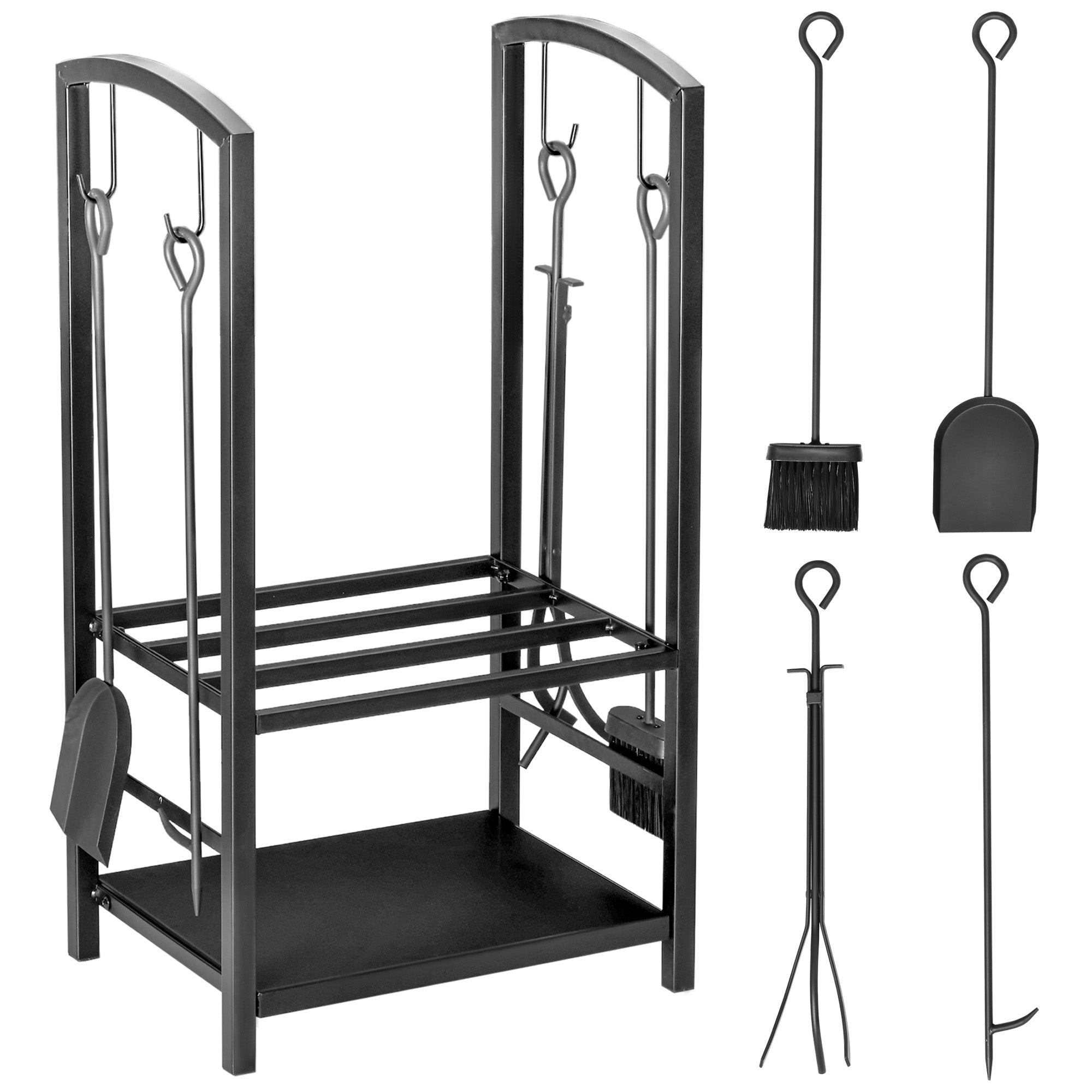 Metal Firewood Log Holder, 2 Layer Storage Rack with 4 Tools, Black