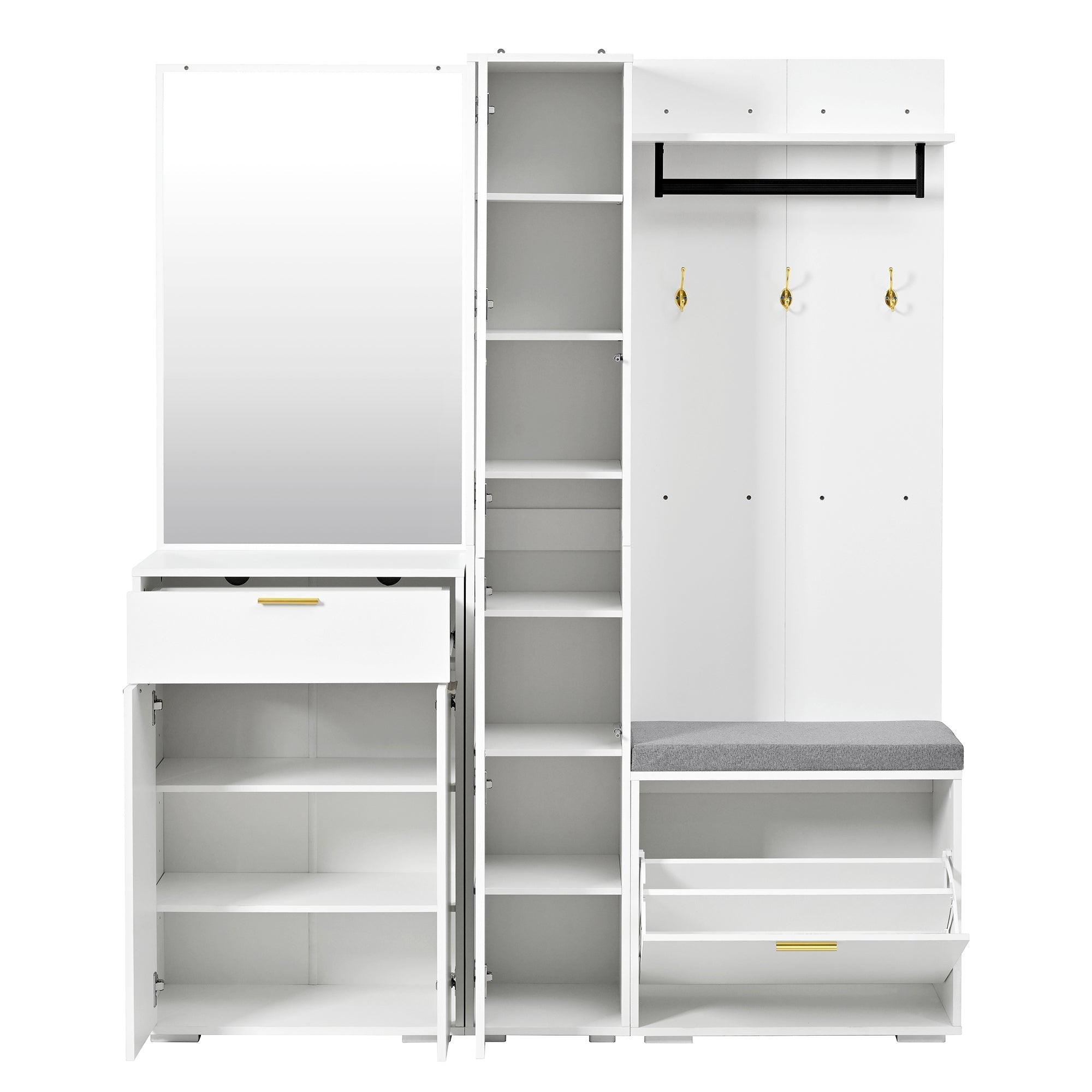 Wardrobe Set Compact Hallway Storage with Mirrored Sideboard Bench Shoe Rack 150x36x180 cm White
