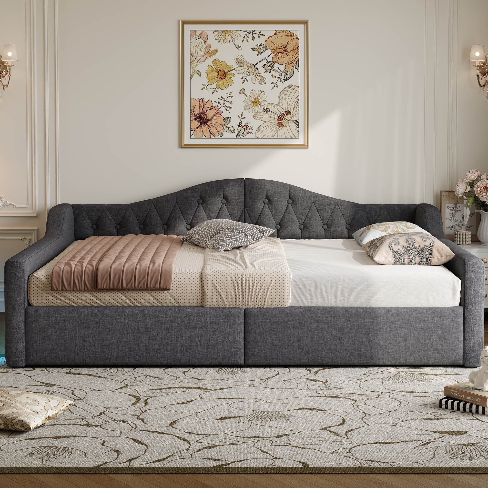 Daybed Upholstered 140x200cm LED Storage - Grey